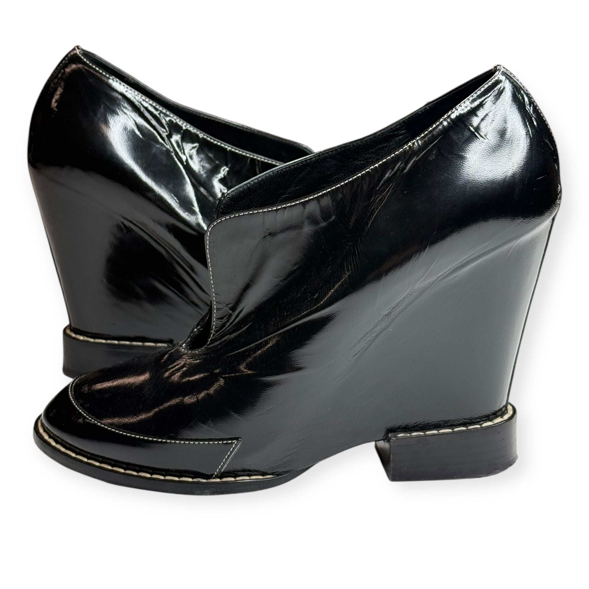 Chloé Black Patent Leather Wedge Ankle Boots - 38 1/2