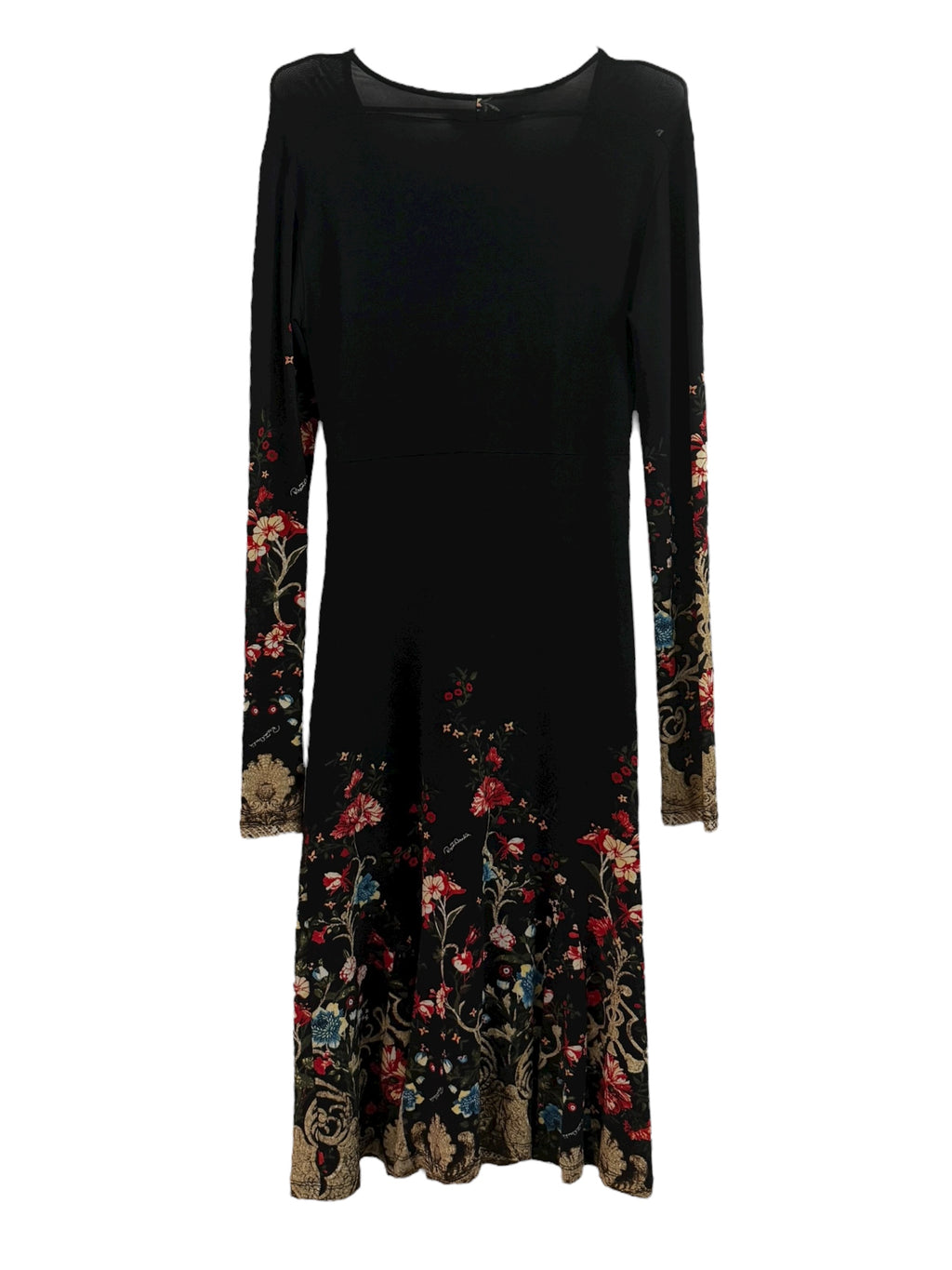 Roberto Cavalli Floral-Print Dress with Gold Brooch - M