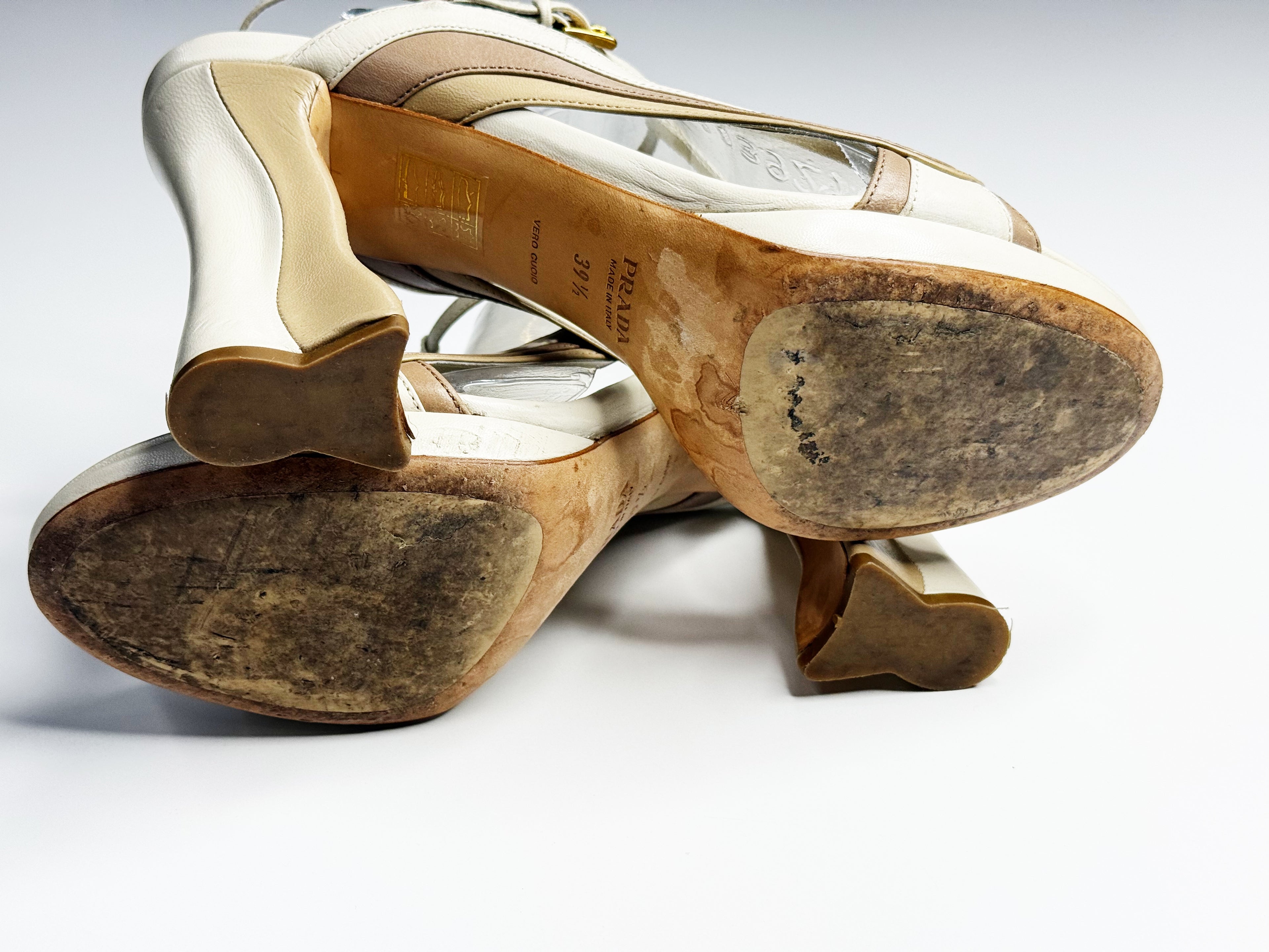 Prada Curved Heel Vinyl & Leather Sandals