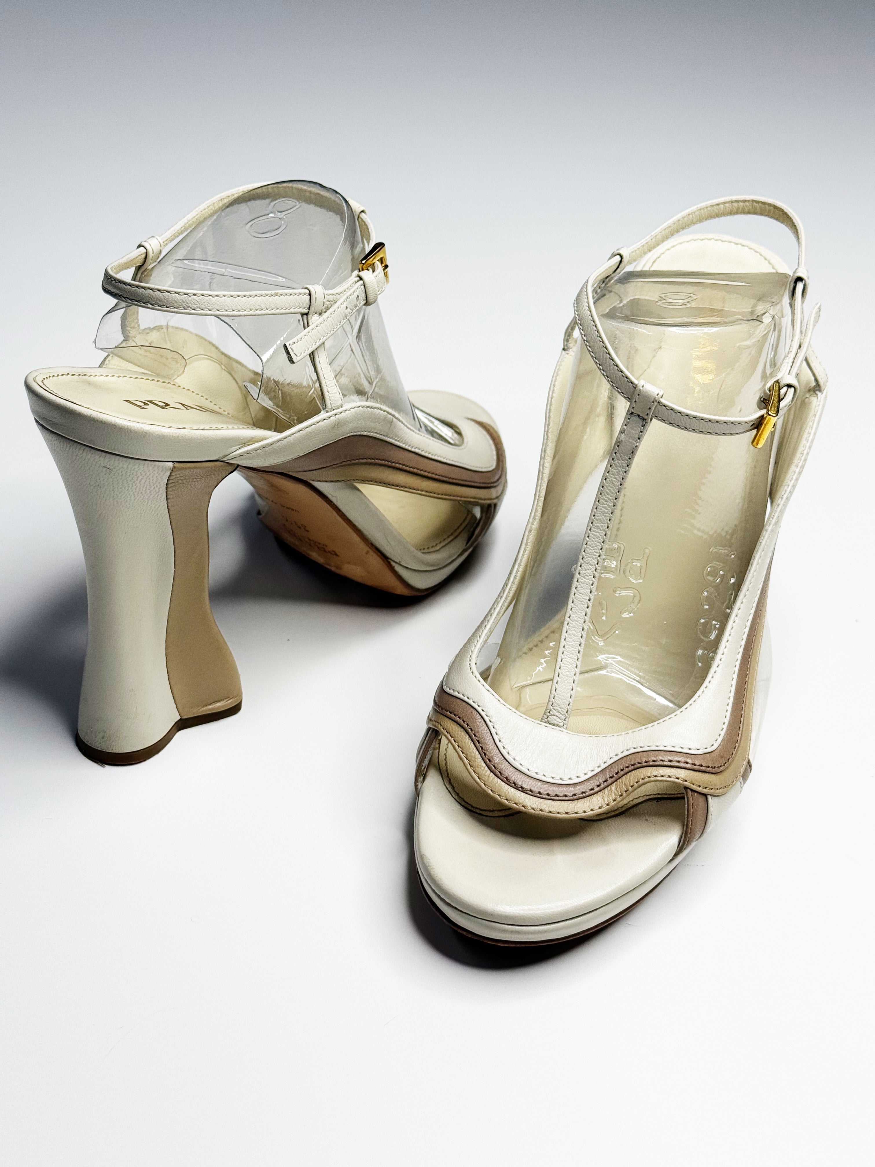 Prada Curved Heel Vinyl & Leather Sandals