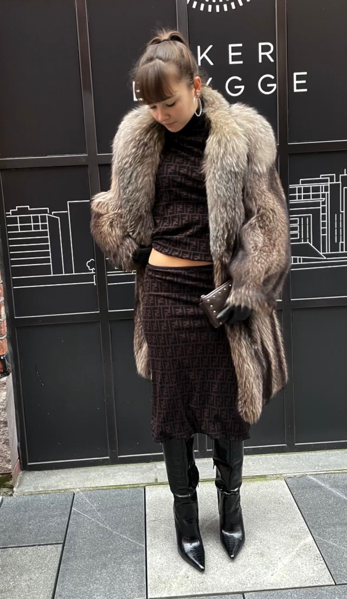 Fendi Maglia Vintage Black Two-Piece Set — Turtleneck Top & Skirt, Made in Italy