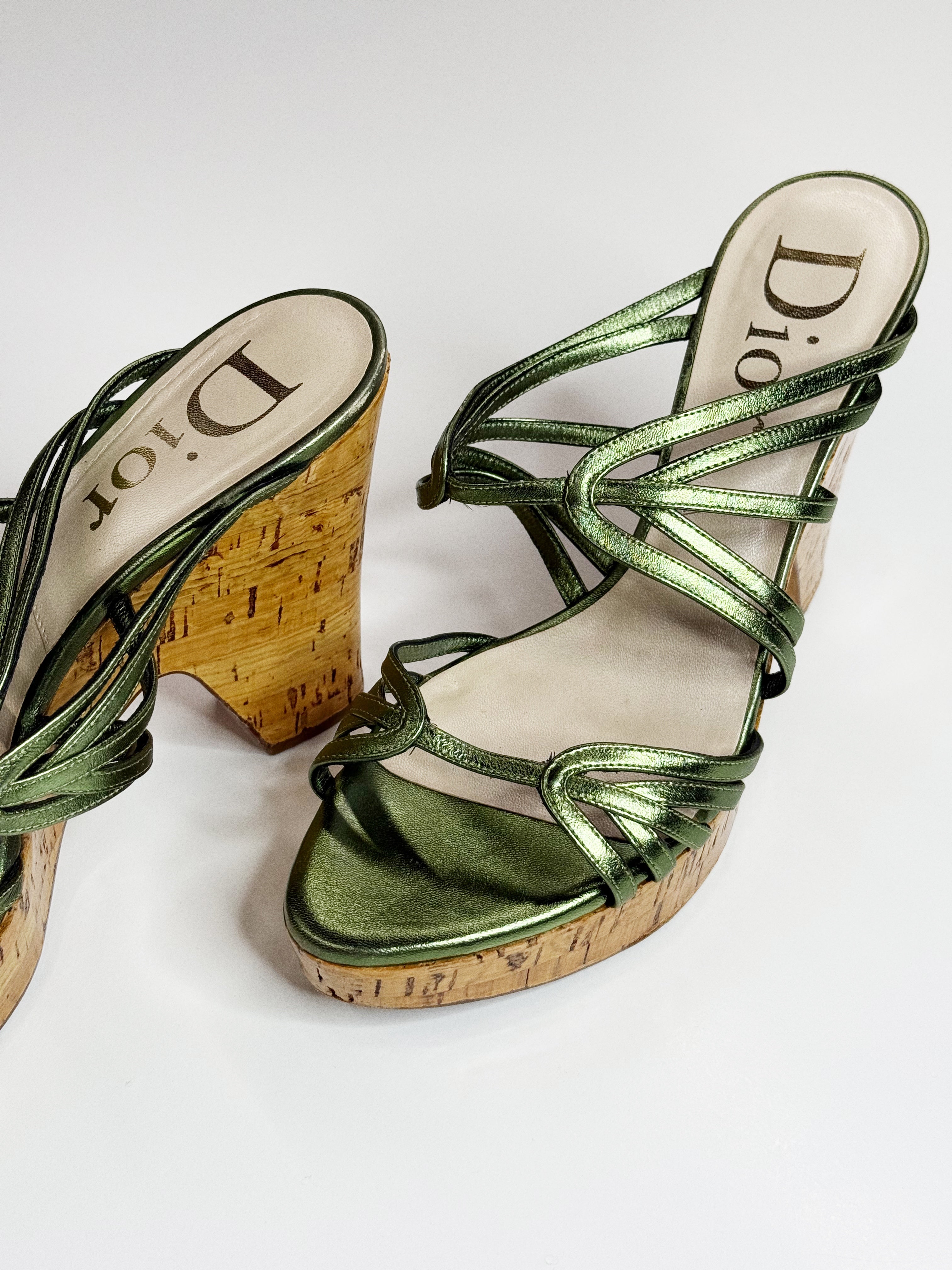 Christian Dior Metallic Green Cork Wedge Sandals