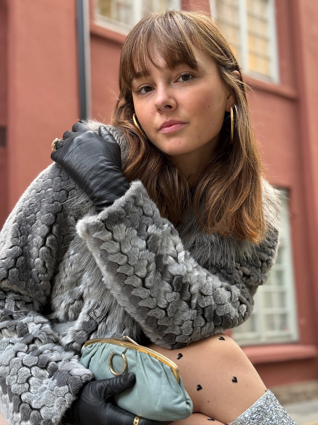 Miss Lina Grey Fur Jacket with Contrast Collar - M