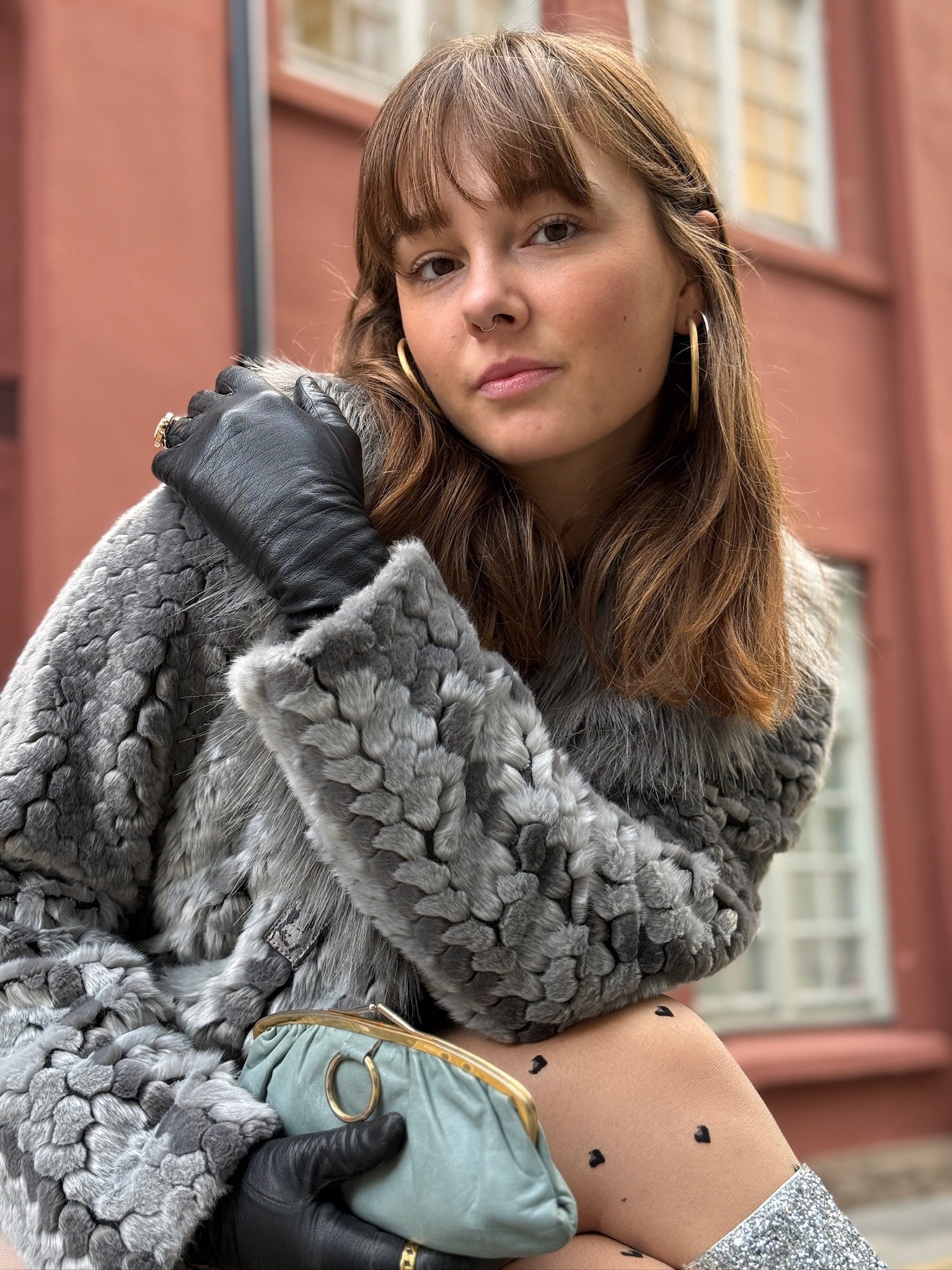 Miss Lina Grey Fur Jacket with Contrast Collar - M