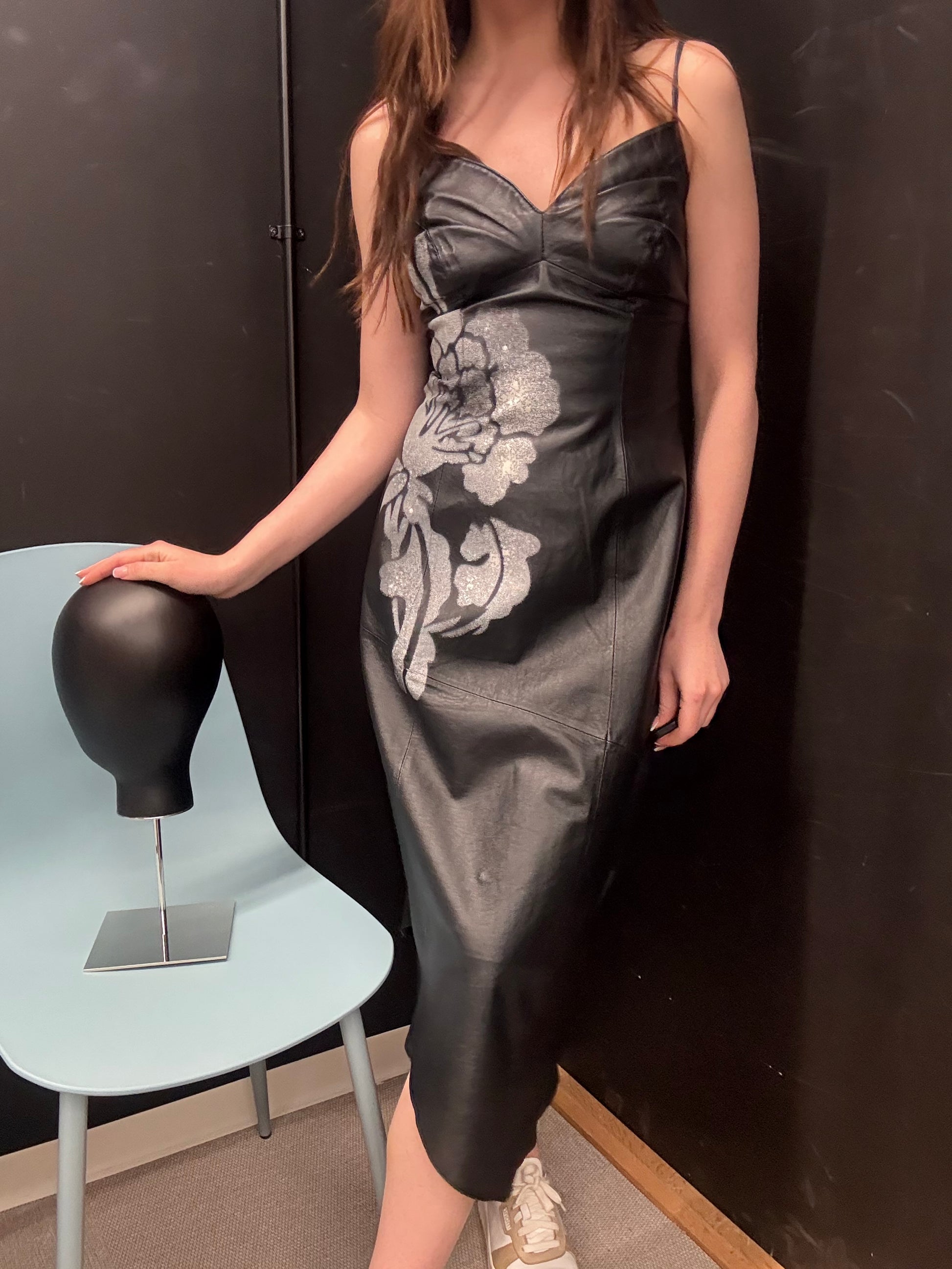 Black Leather Lace-Up Dress with Spray Floral Detail — Faust