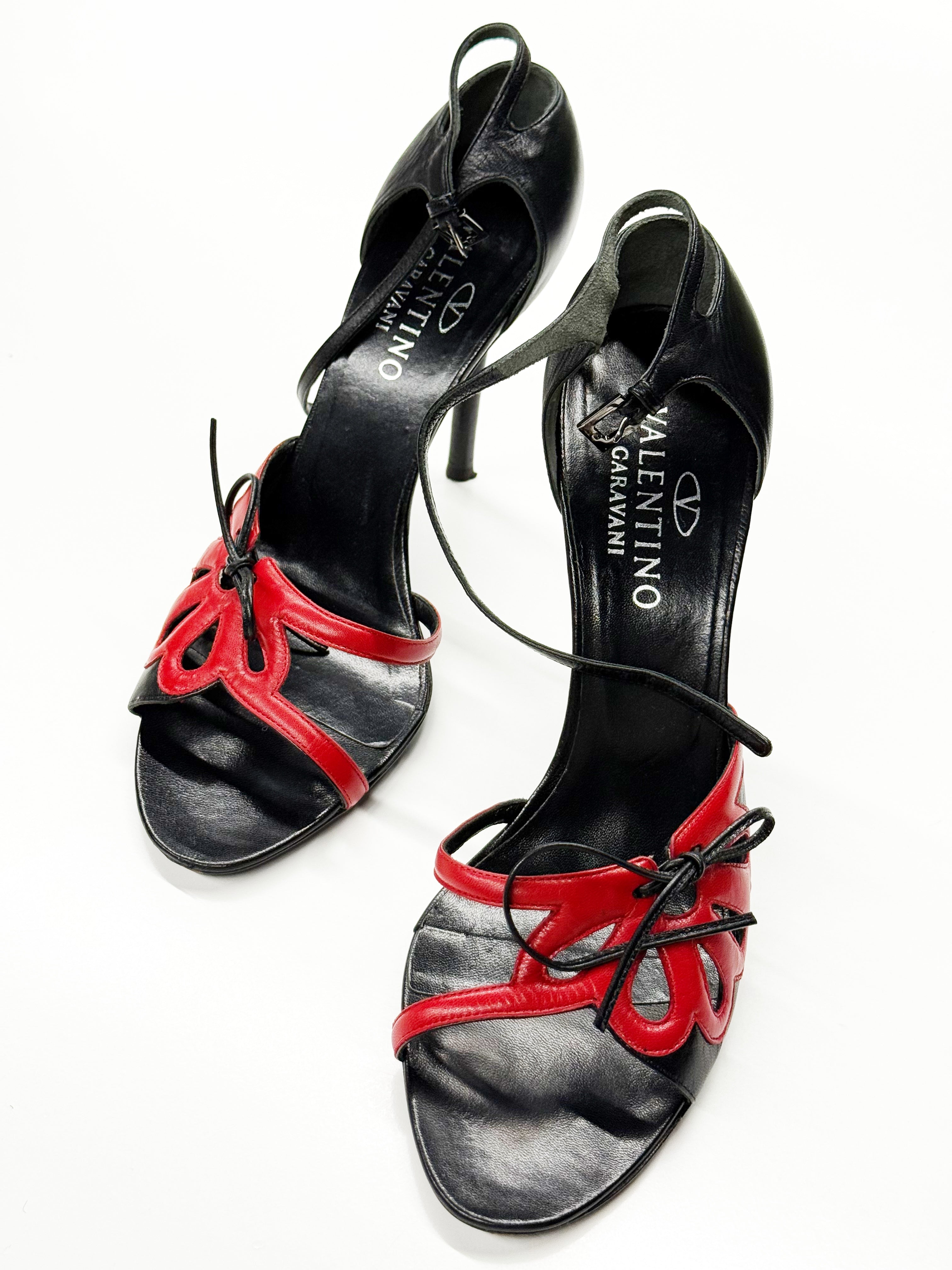 Valentino Garavani Red & Black Leather Heeled Sandals