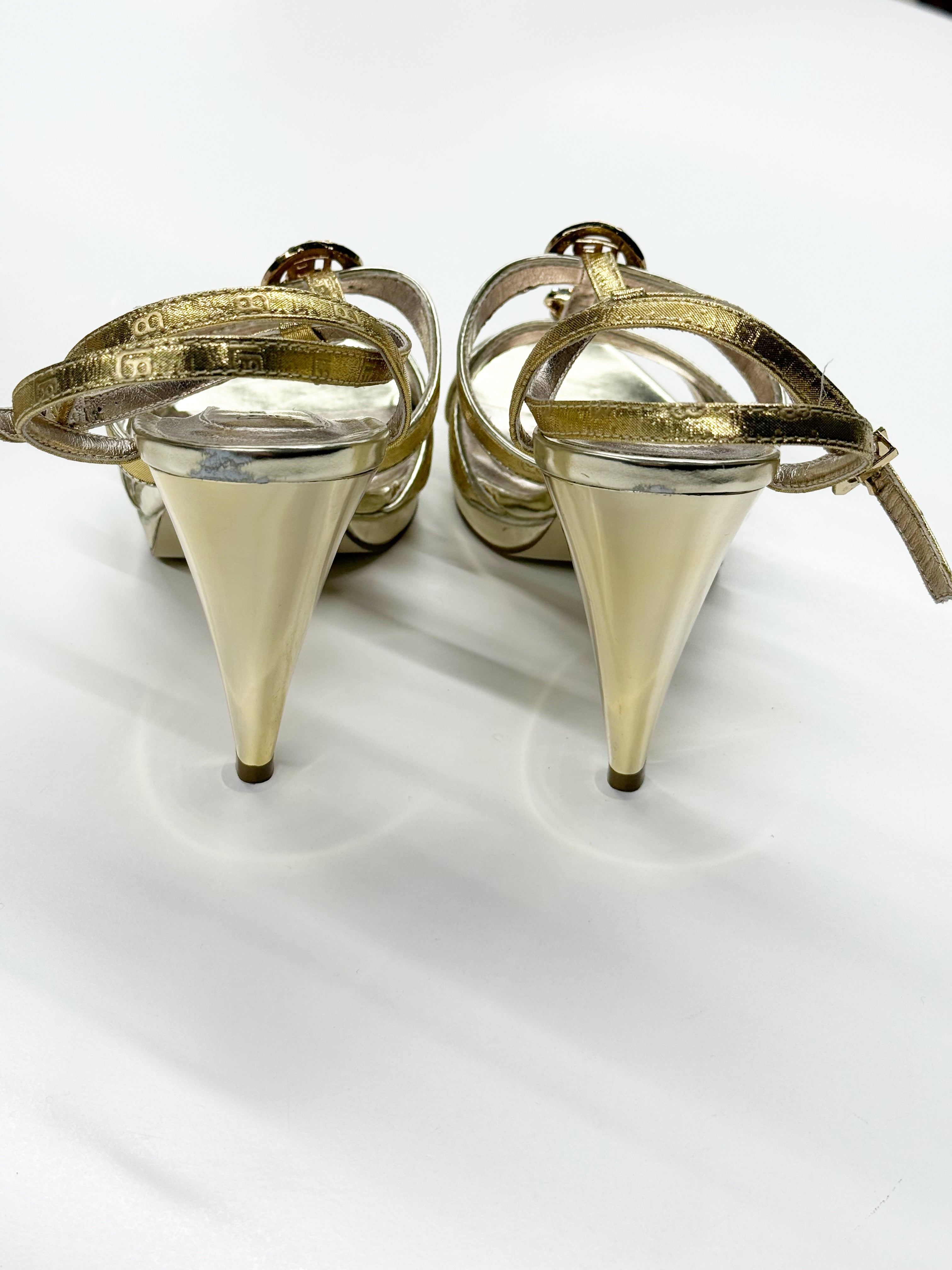 Laura Biagiotti Gold High-Heel Sandals with Crystal Embellishments