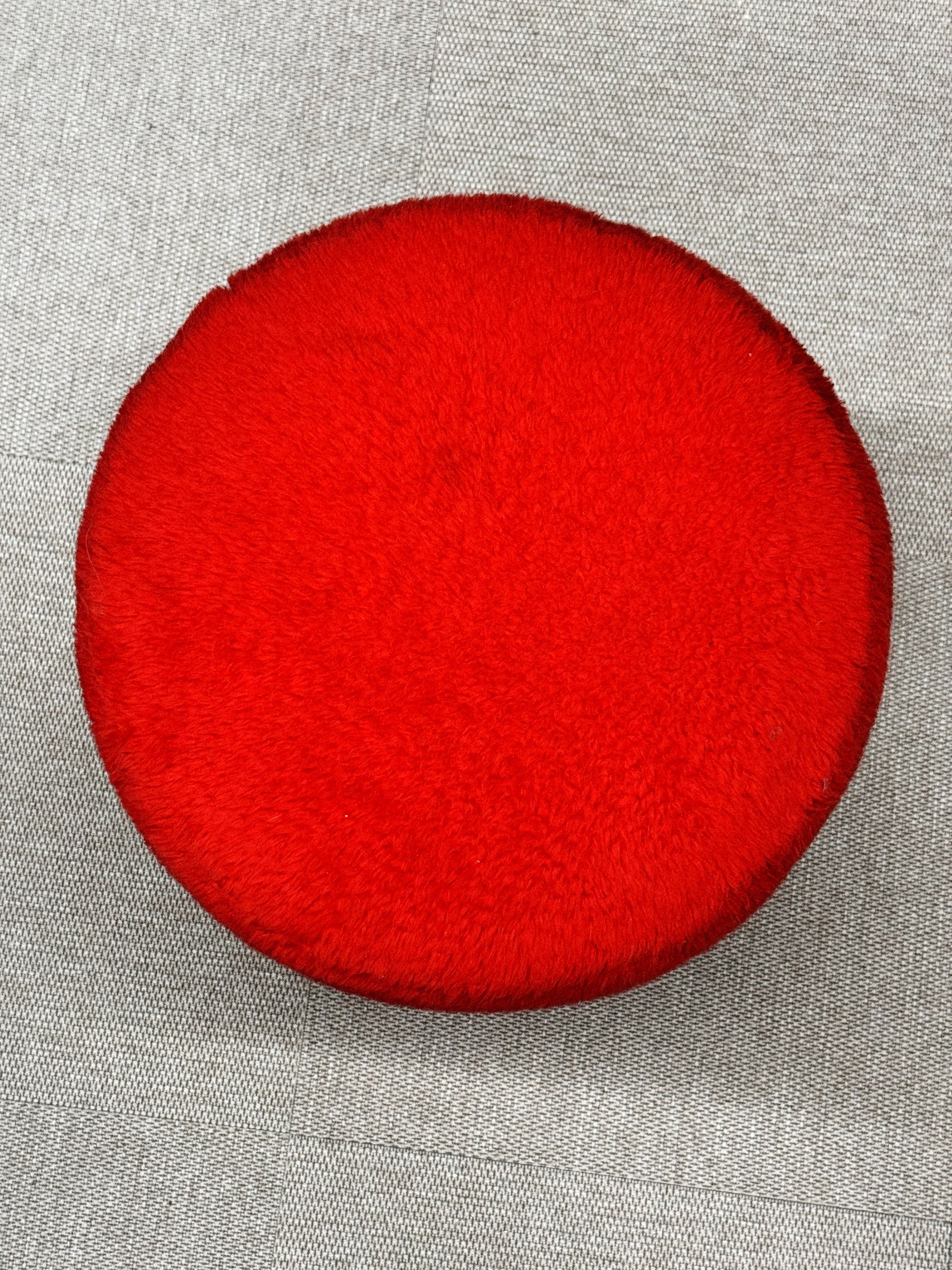 Vintage Space Age Stool – Red Faux Fur & White Tulip Base, 1970s