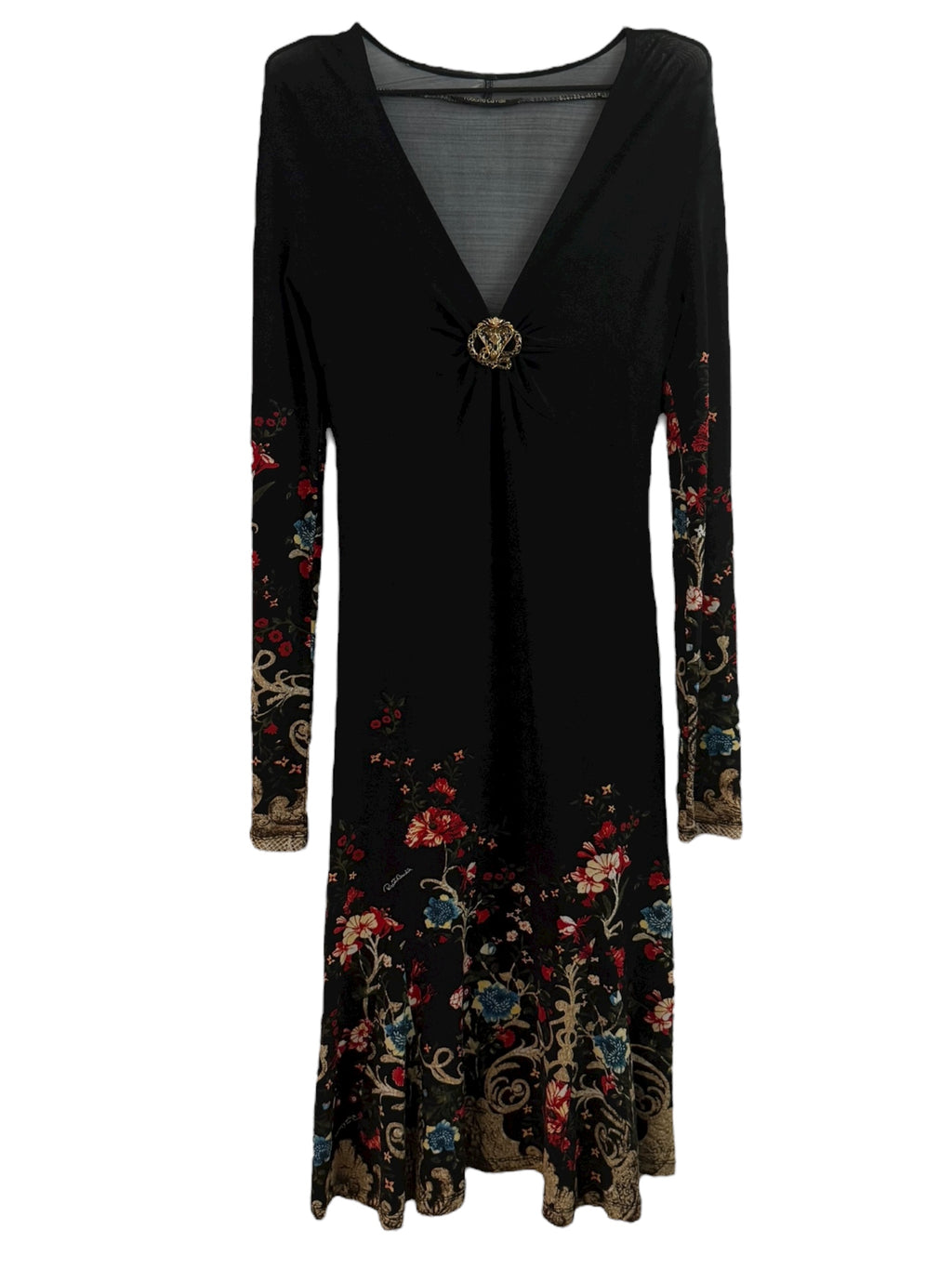 Roberto Cavalli Floral-Print Dress with Gold Brooch - M