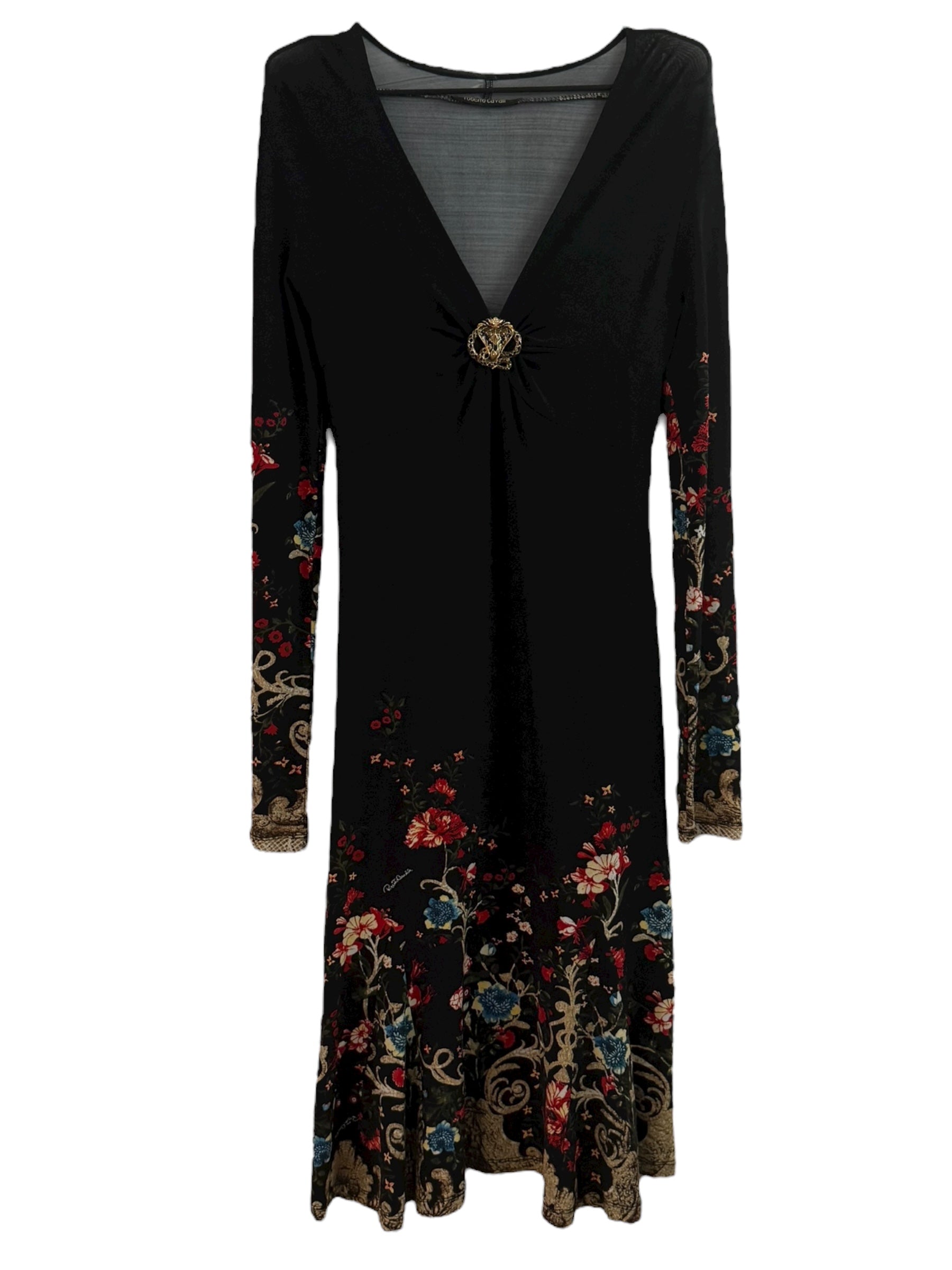 Roberto Cavalli Floral-Print Dress with Gold Brooch - M