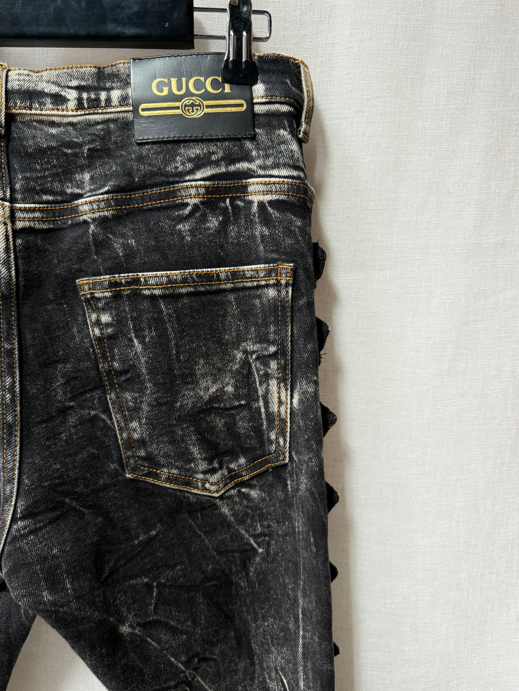 Gucci SS19 Runway Marble-Wash Buckle Skinny Jeans