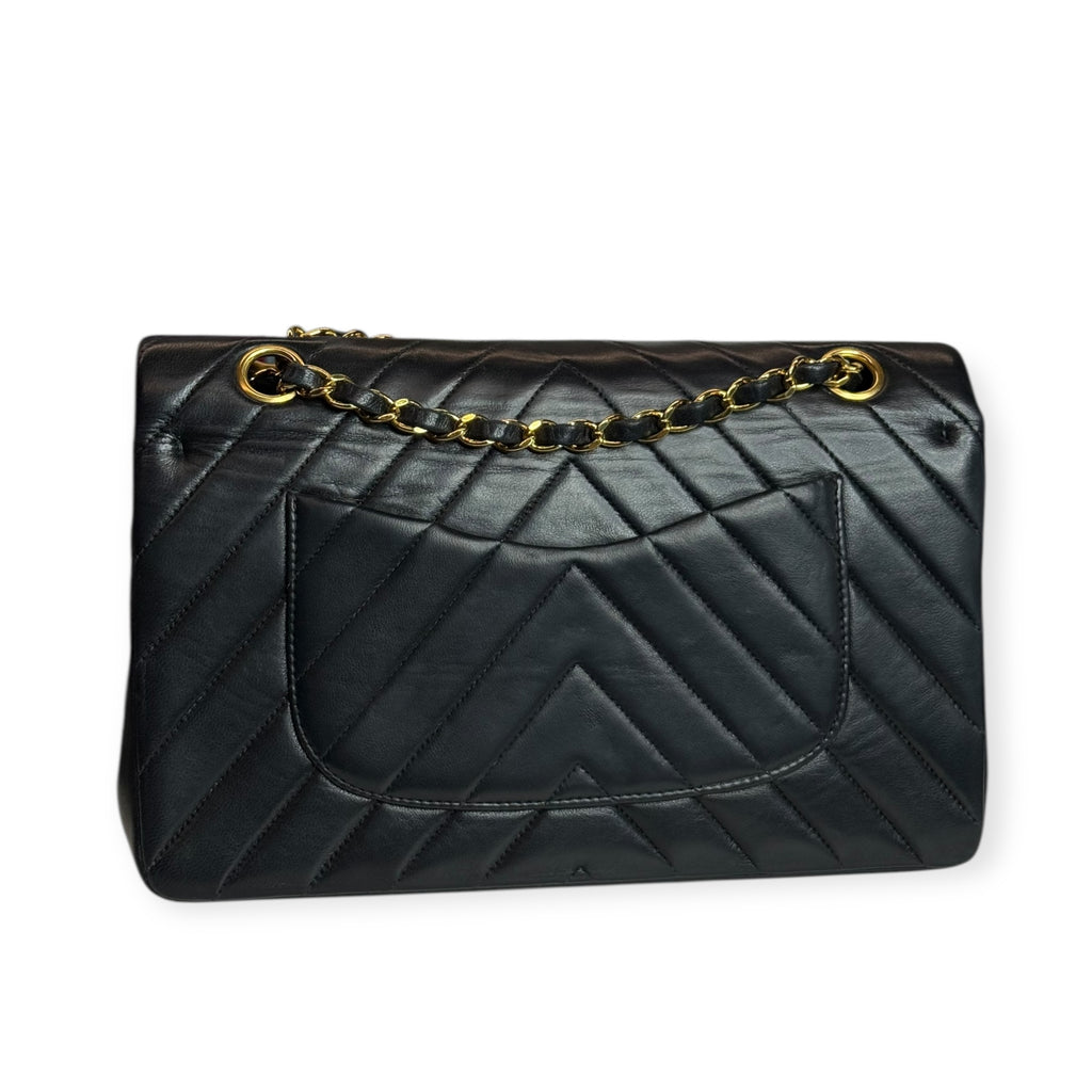 Chanel Vintage Double Flap Medium Chevron Bag — Black Lambskin, 24K