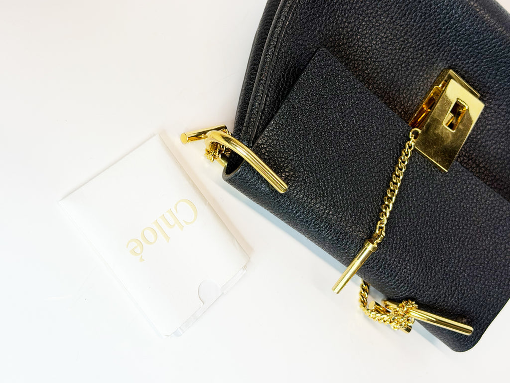 Chloé Drew Black Grained Leather Chain Shoulder Bag Gold Hardware 2015