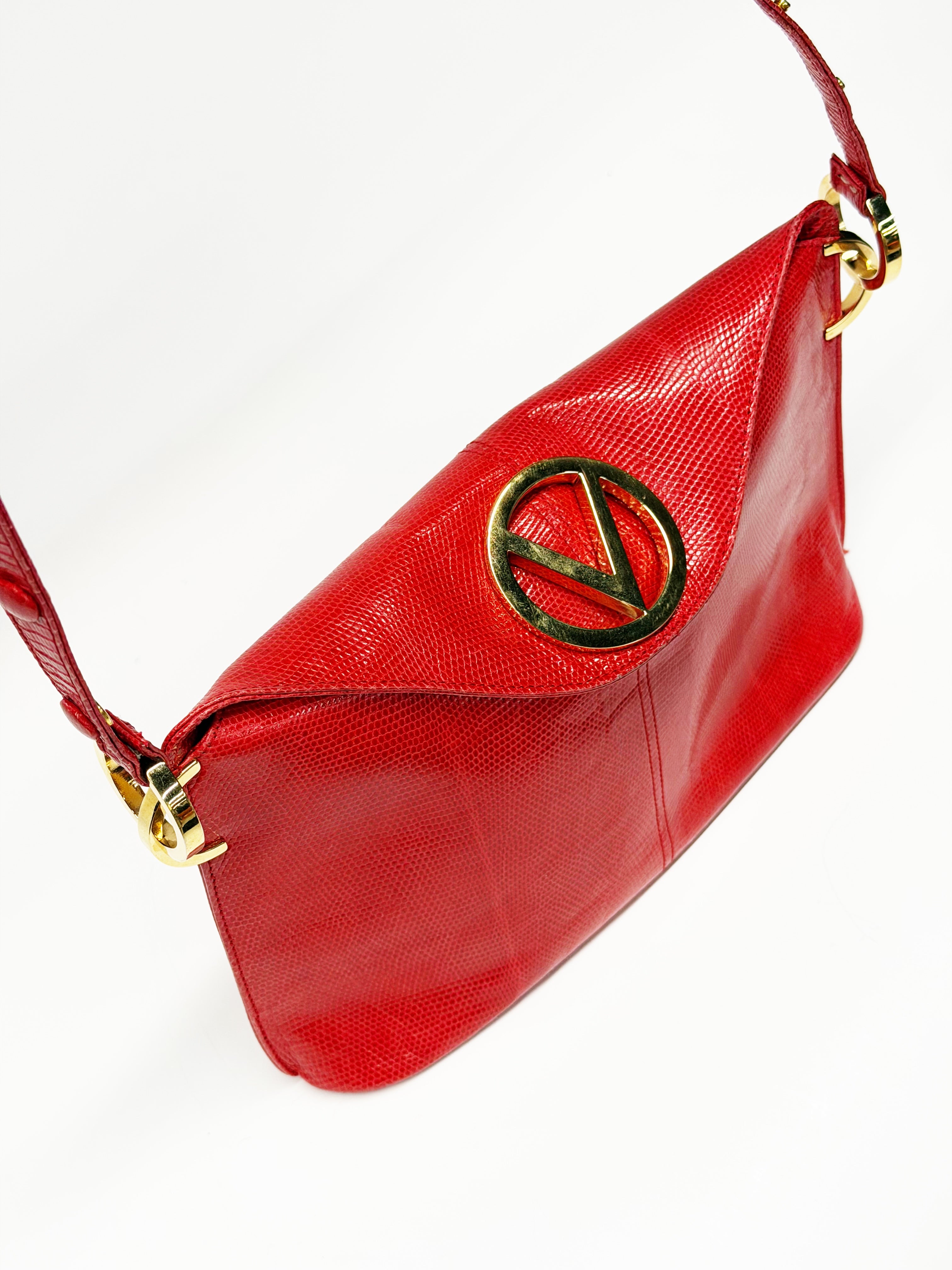 VALENTINO GARAVANI RED LIZARD EMBOSSED SHOULDER BAG GOLD V LOGO