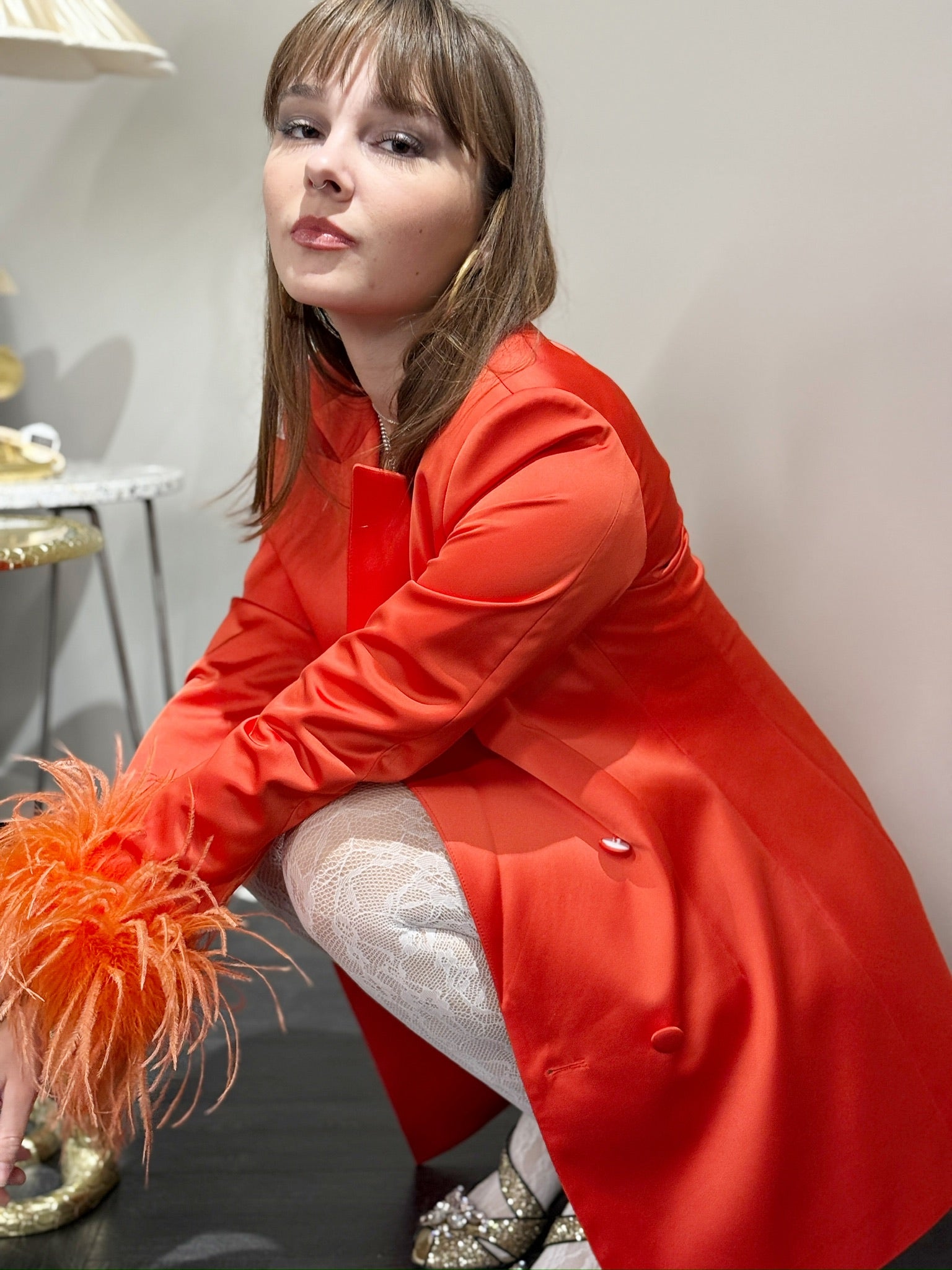 Alberto Audenino Orange Feather-Trim Blazer Dress