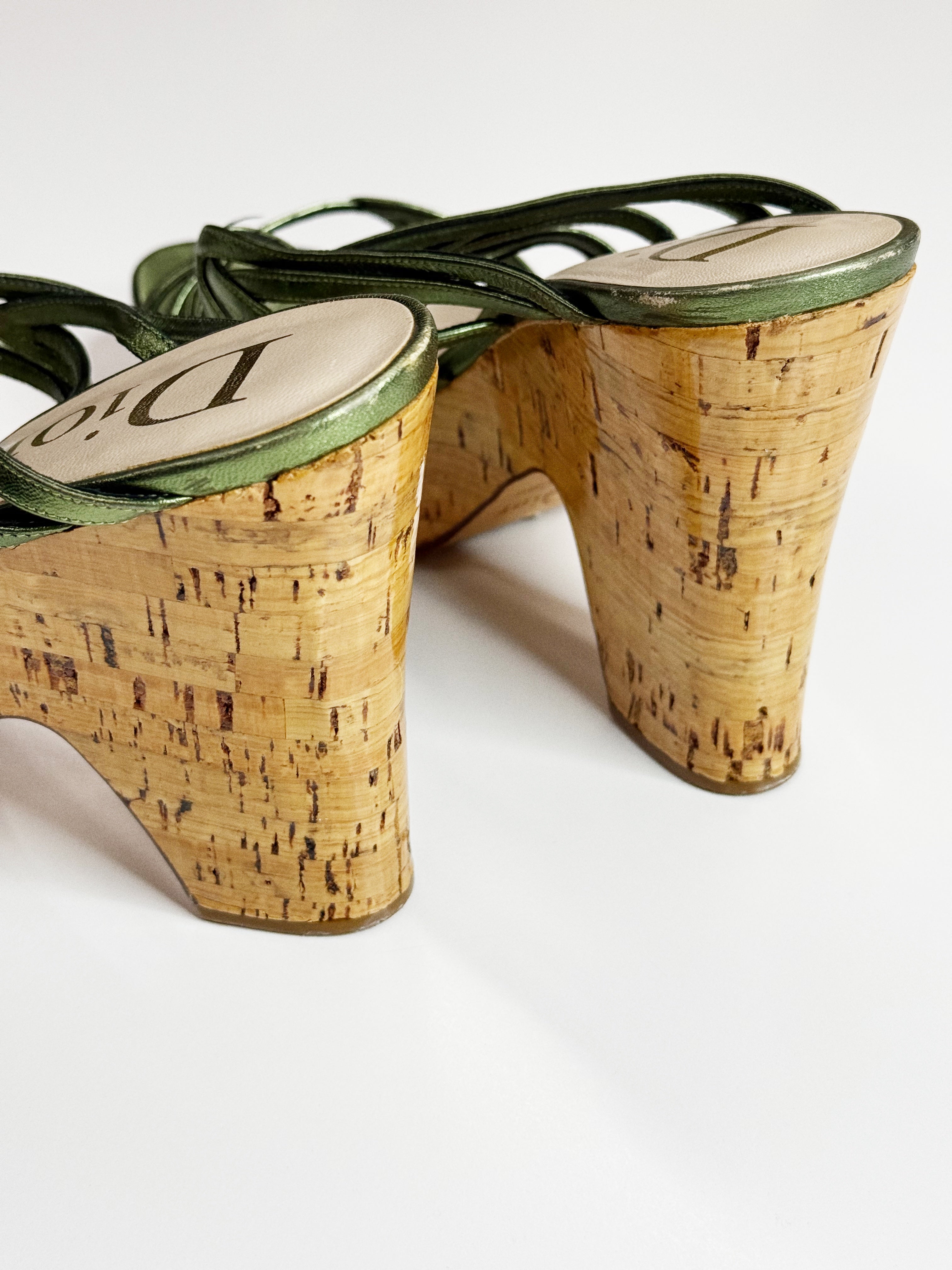 Christian Dior Metallic Green Cork Wedge Sandals