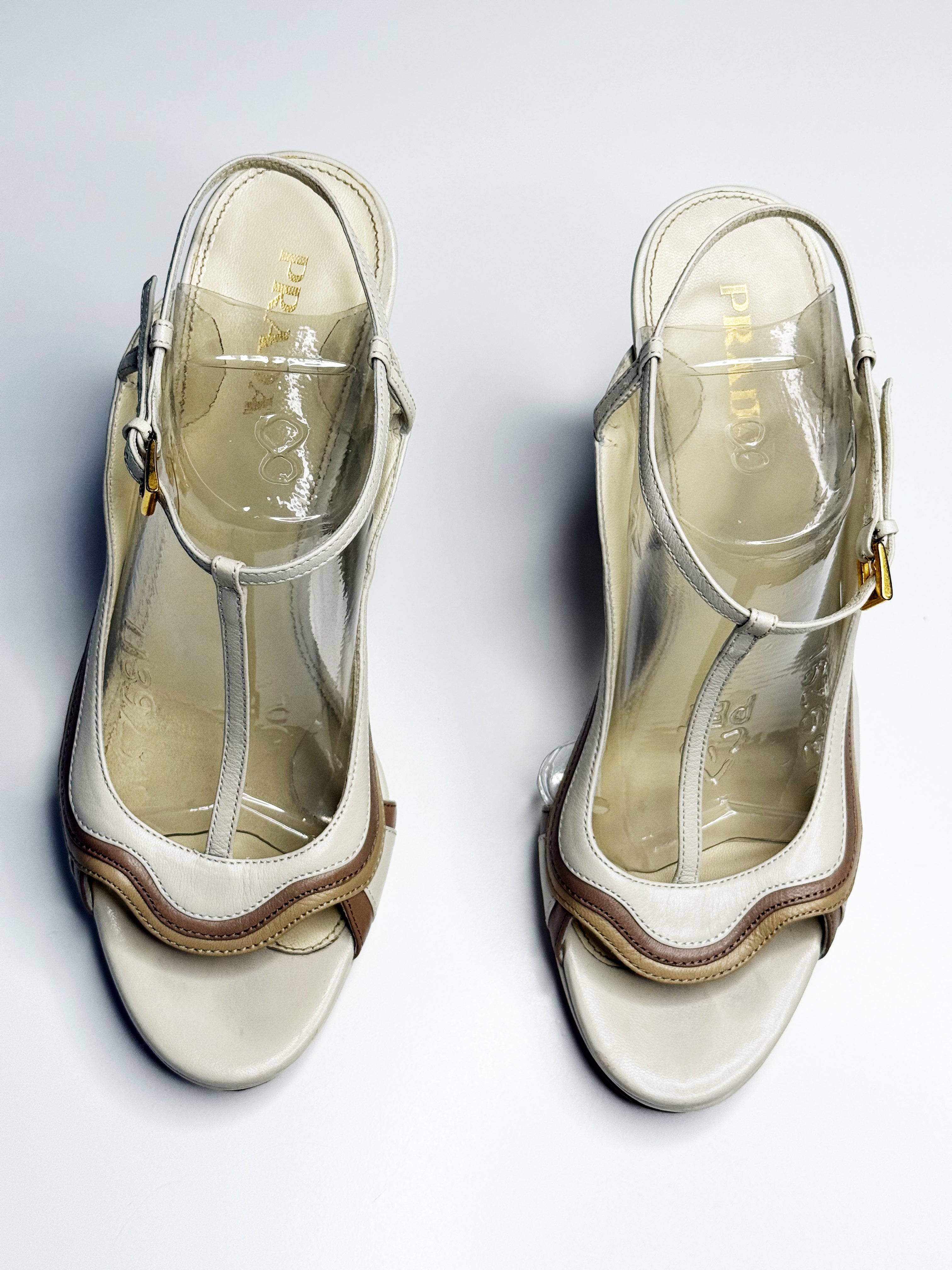 Prada Curved Heel Vinyl & Leather Sandals