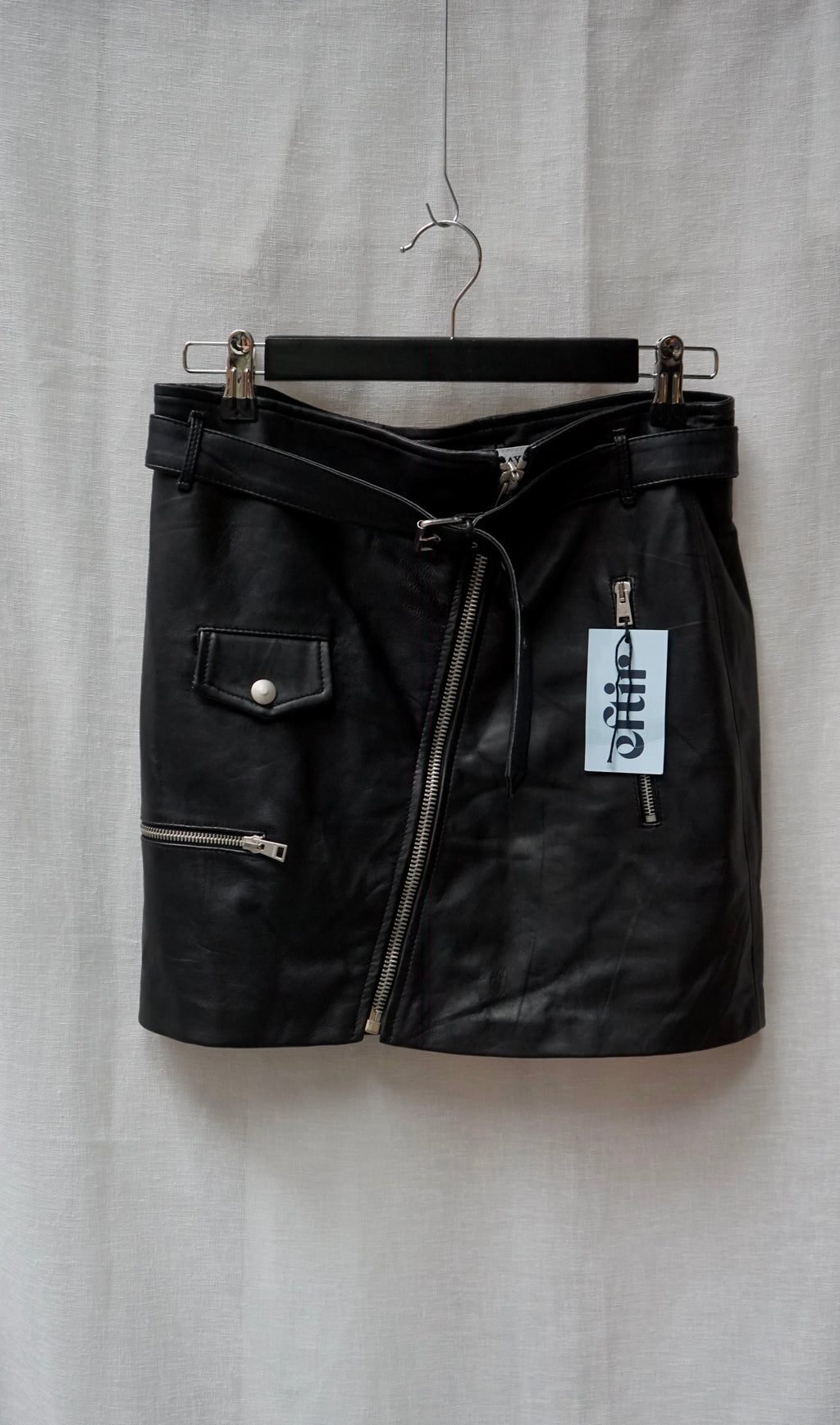 Replay Black Genuine Leather Moto Mini Skirt