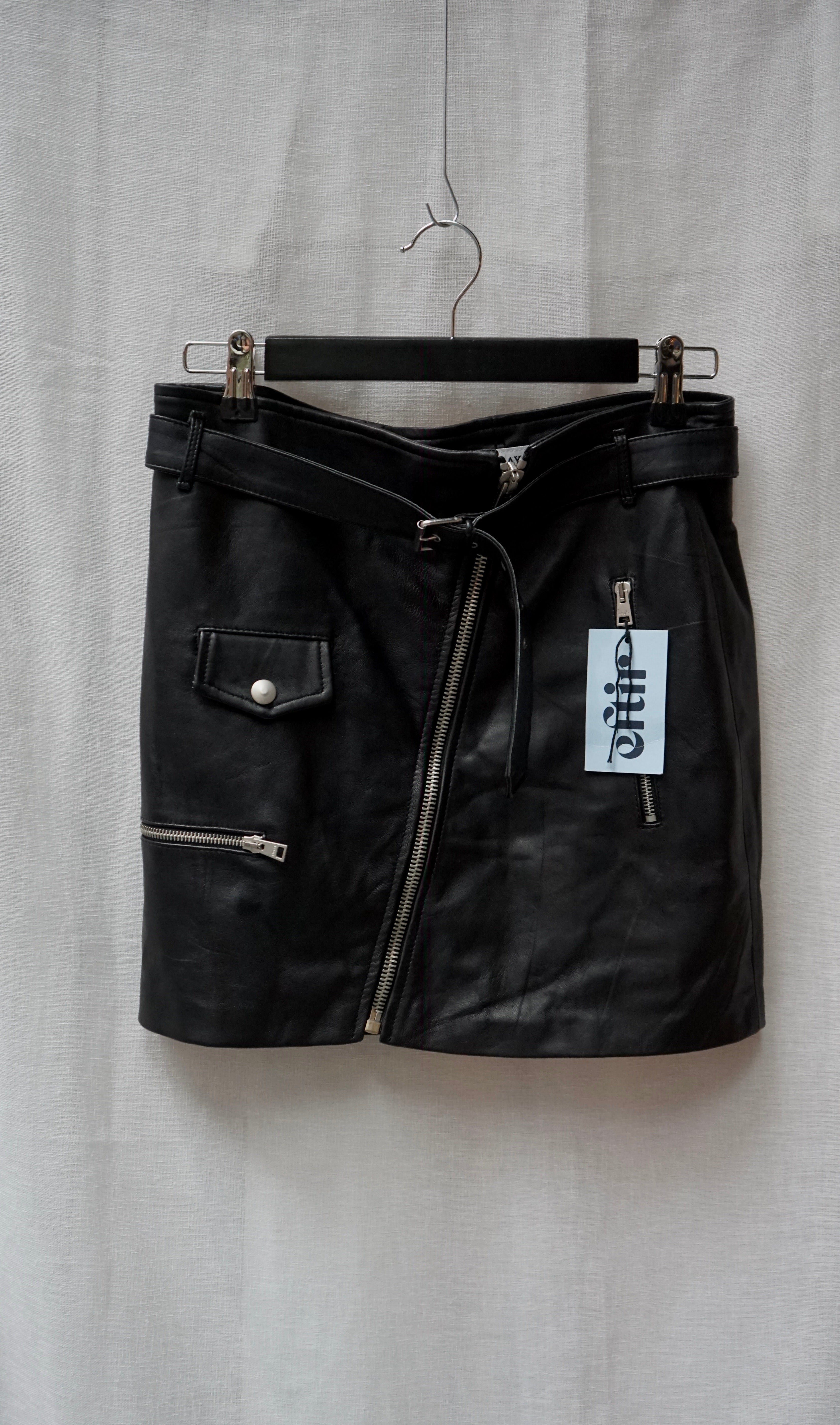 Replay Black Genuine Leather Moto Mini Skirt