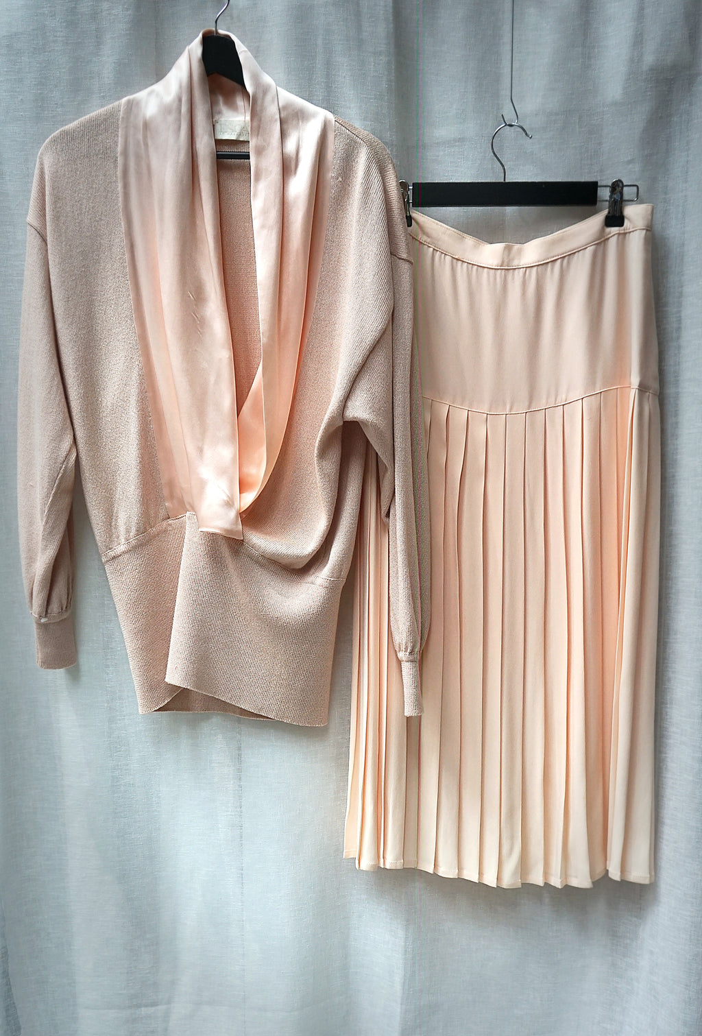 Vintage Escada Satin-Trim Knit Sweater & Pleated Skirt Set