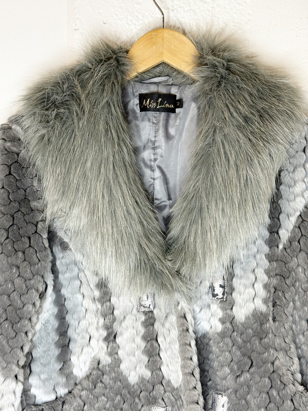 Miss Lina Grey Fur Jacket with Contrast Collar - M