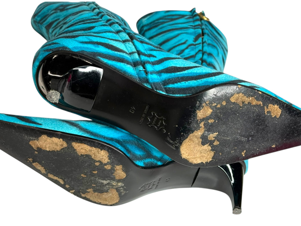 Versace Blue Zebra Print Calf Hair Boots - 40