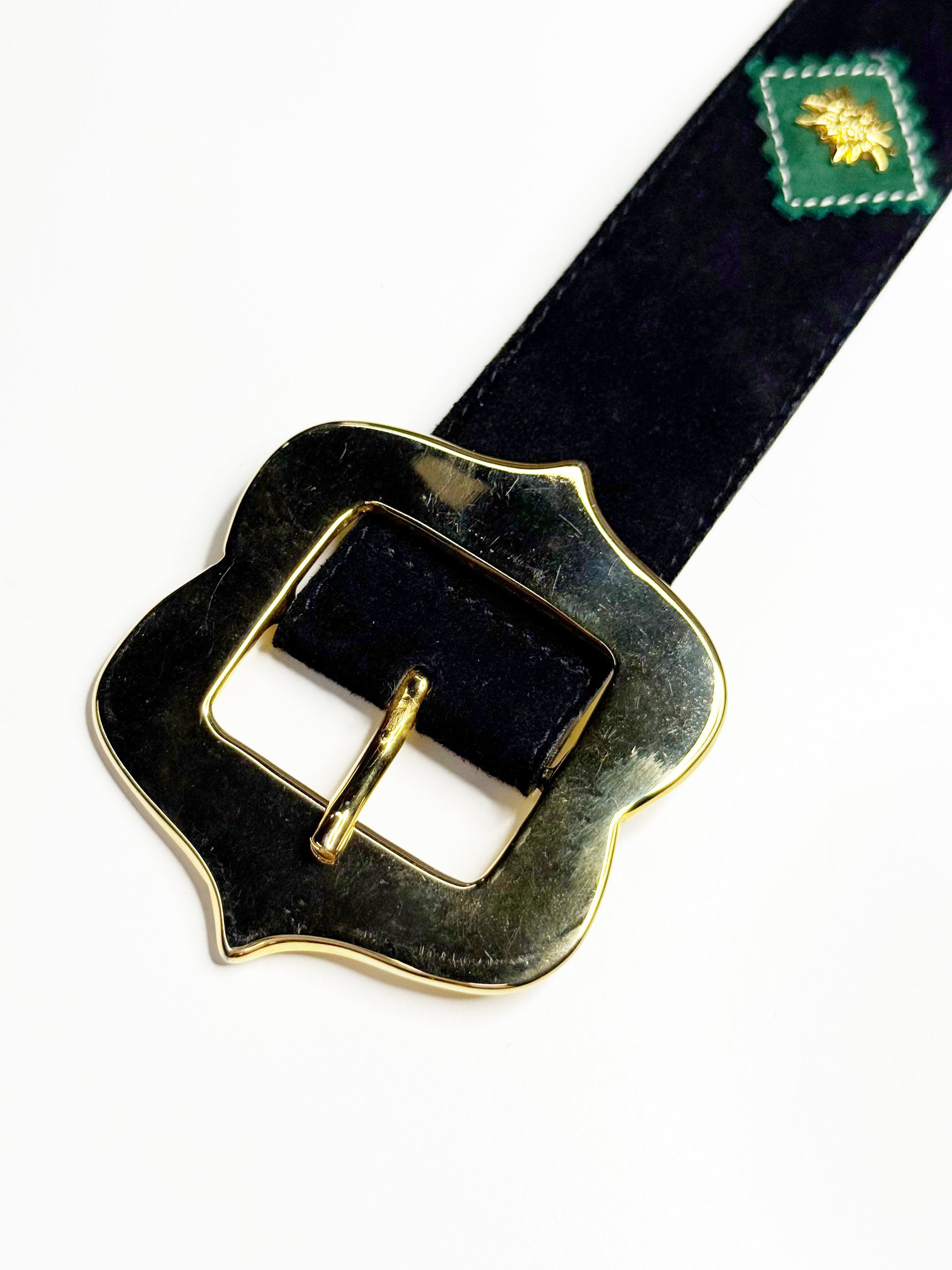ESCADA Vintage Black Leather Belt with Gold Edelweiss Details