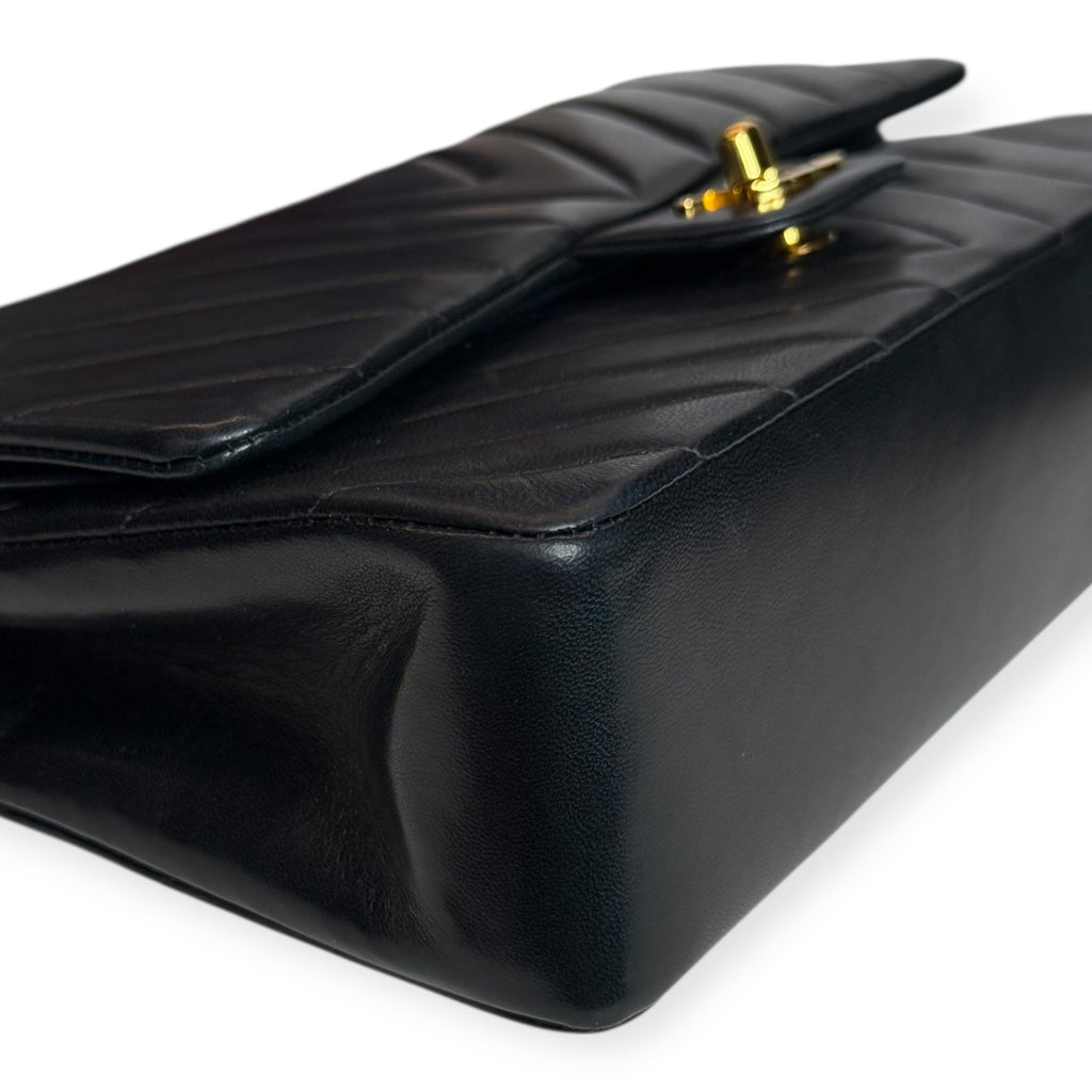 Chanel Vintage Double Flap Medium Chevron Bag — Black Lambskin, 24K