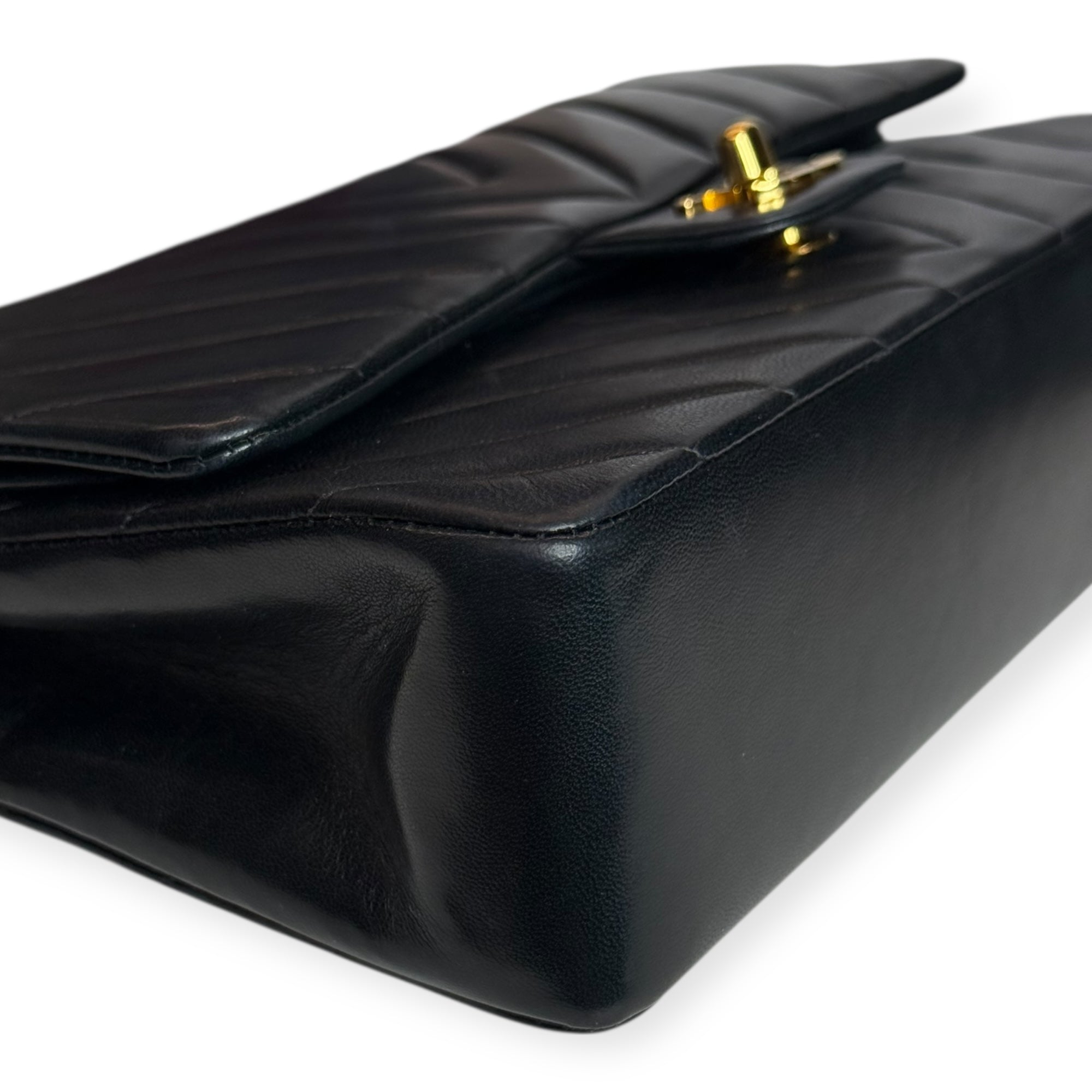 Chanel Vintage Double Flap Medium Chevron Bag — Black Lambskin, 24K