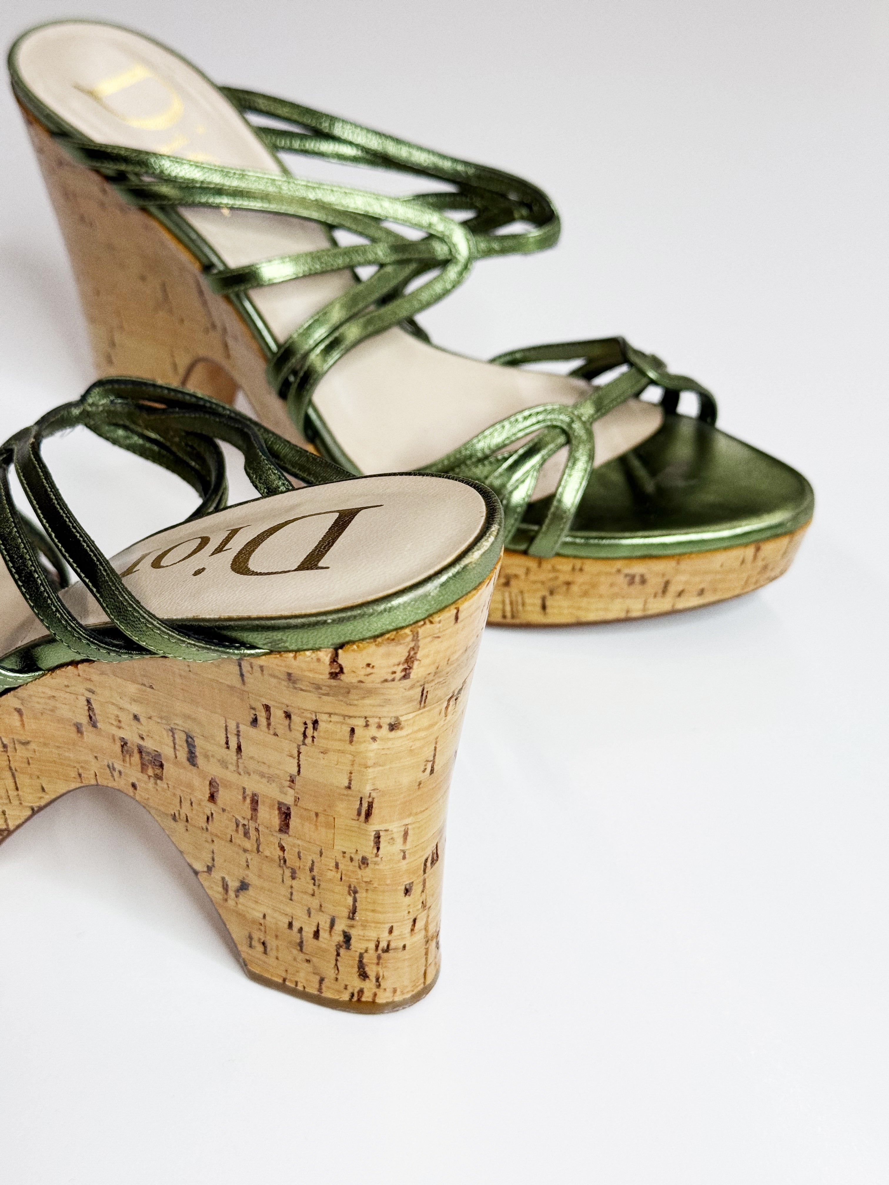 Christian Dior Metallic Green Cork Wedge Sandals