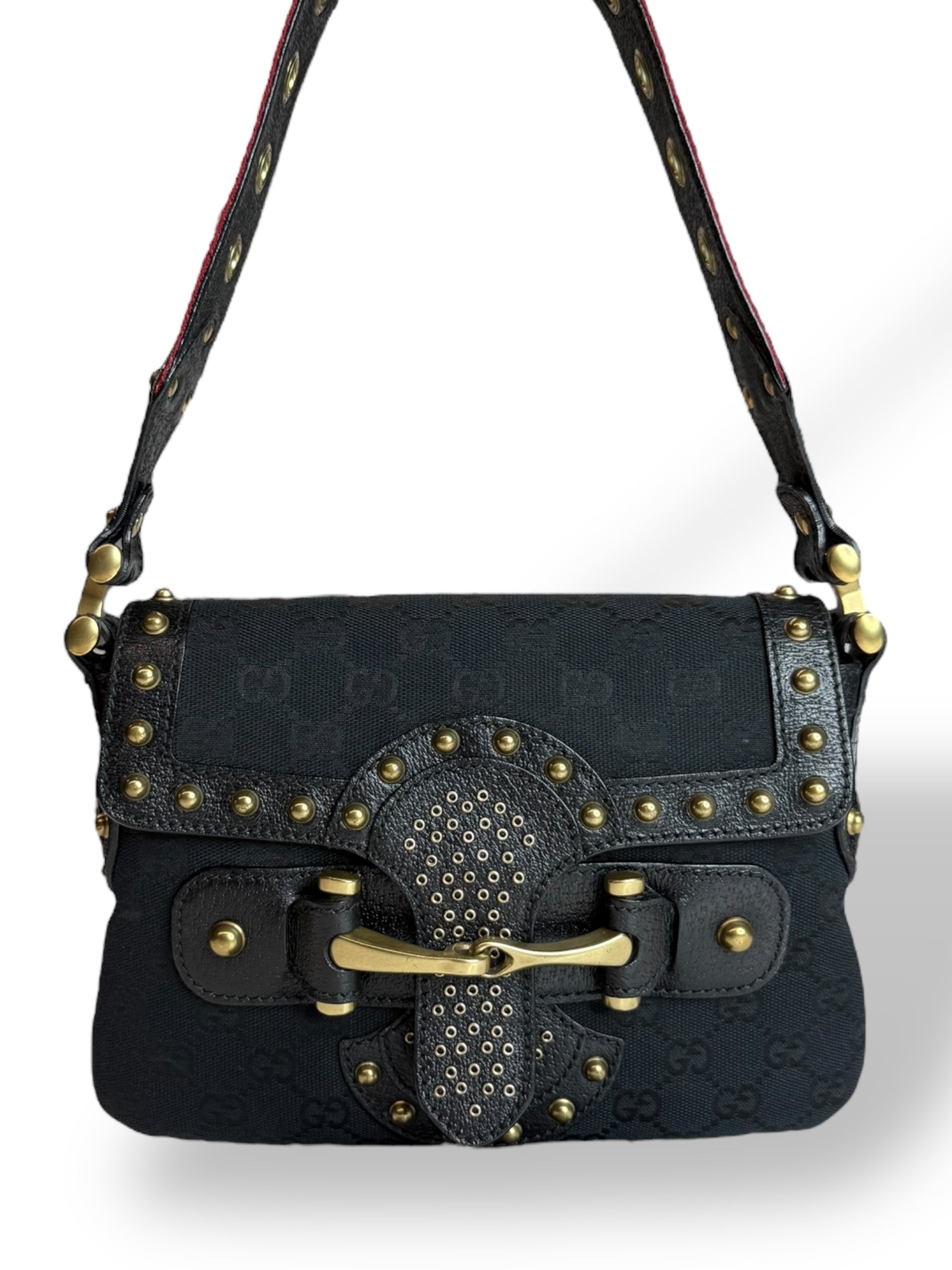 Gucci Studded Pelham Shoulder Bag in Black GG Canvas