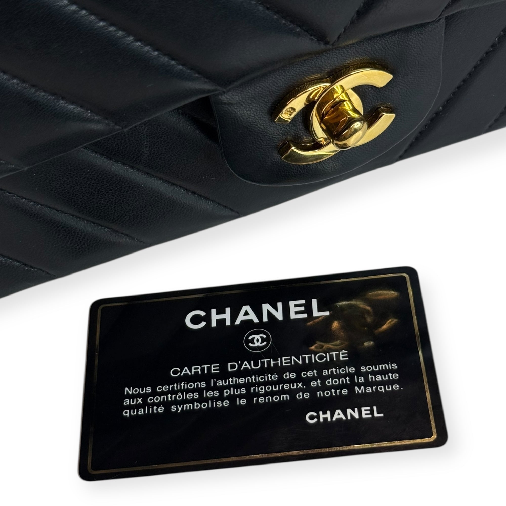 Chanel Vintage Double Flap Medium Chevron Bag — Black Lambskin, 24K