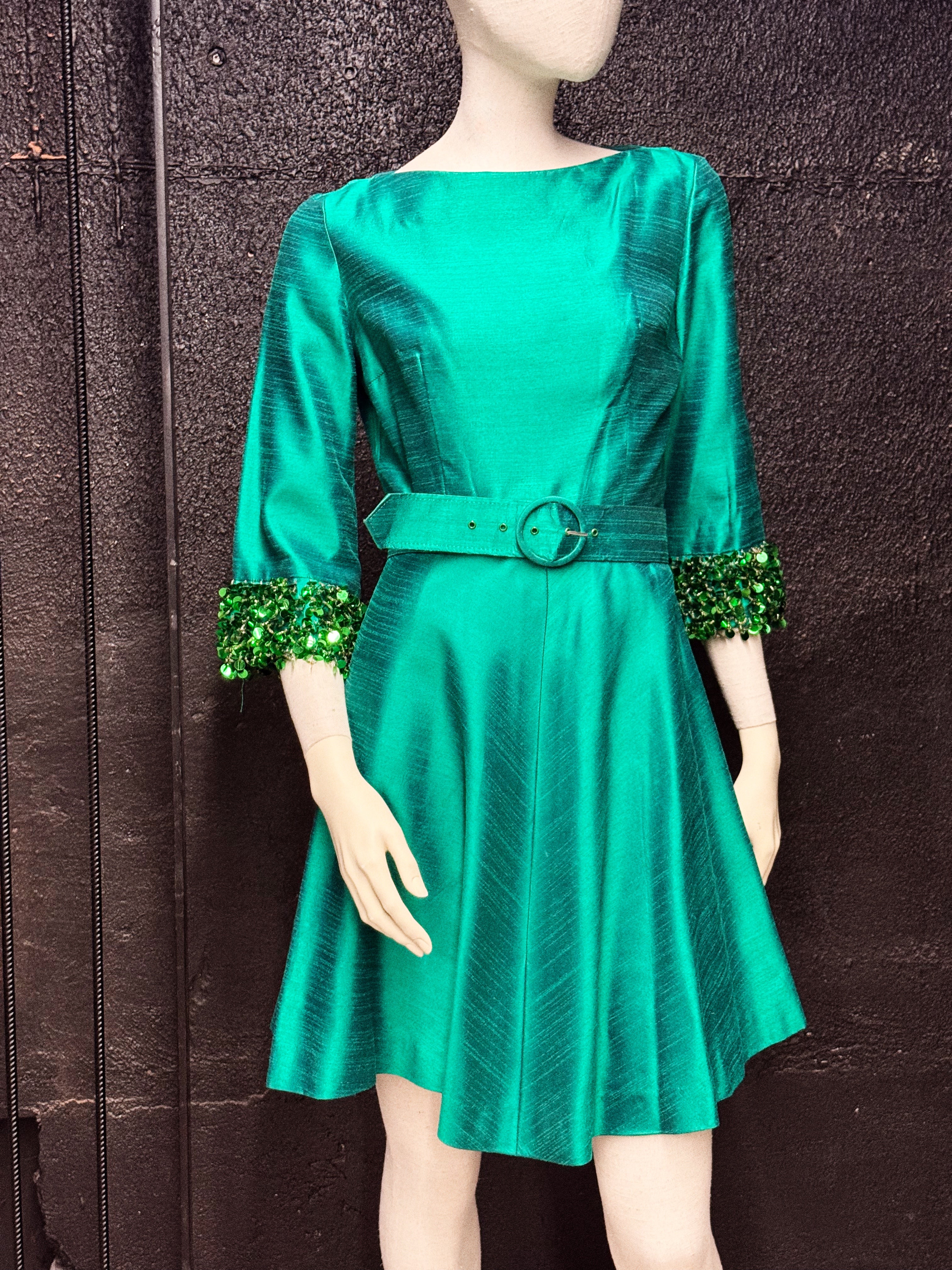 Vintage Briluna Emerald Silk Cocktail Dress