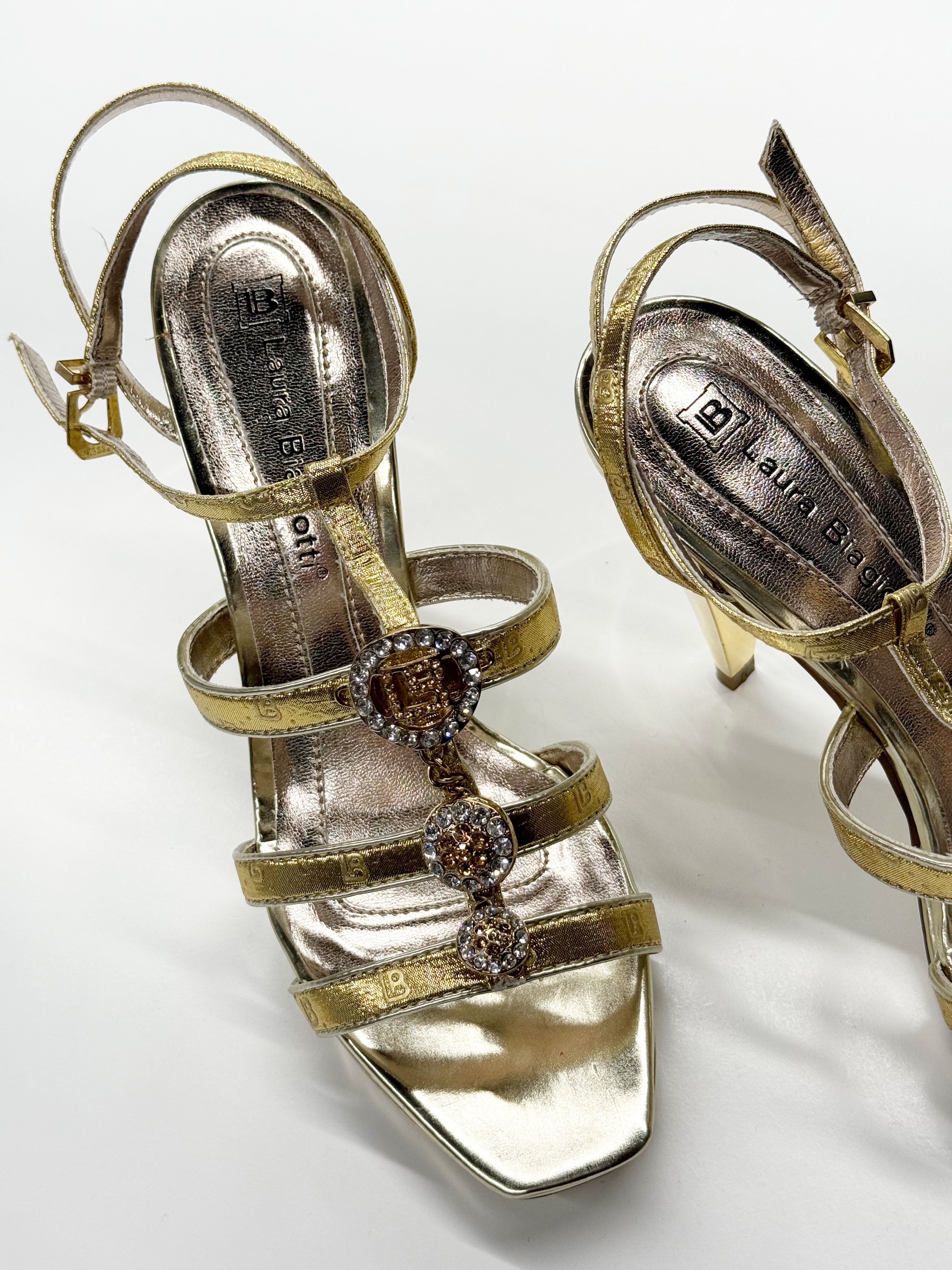 Laura Biagiotti Gold High-Heel Sandals with Crystal Embellishments