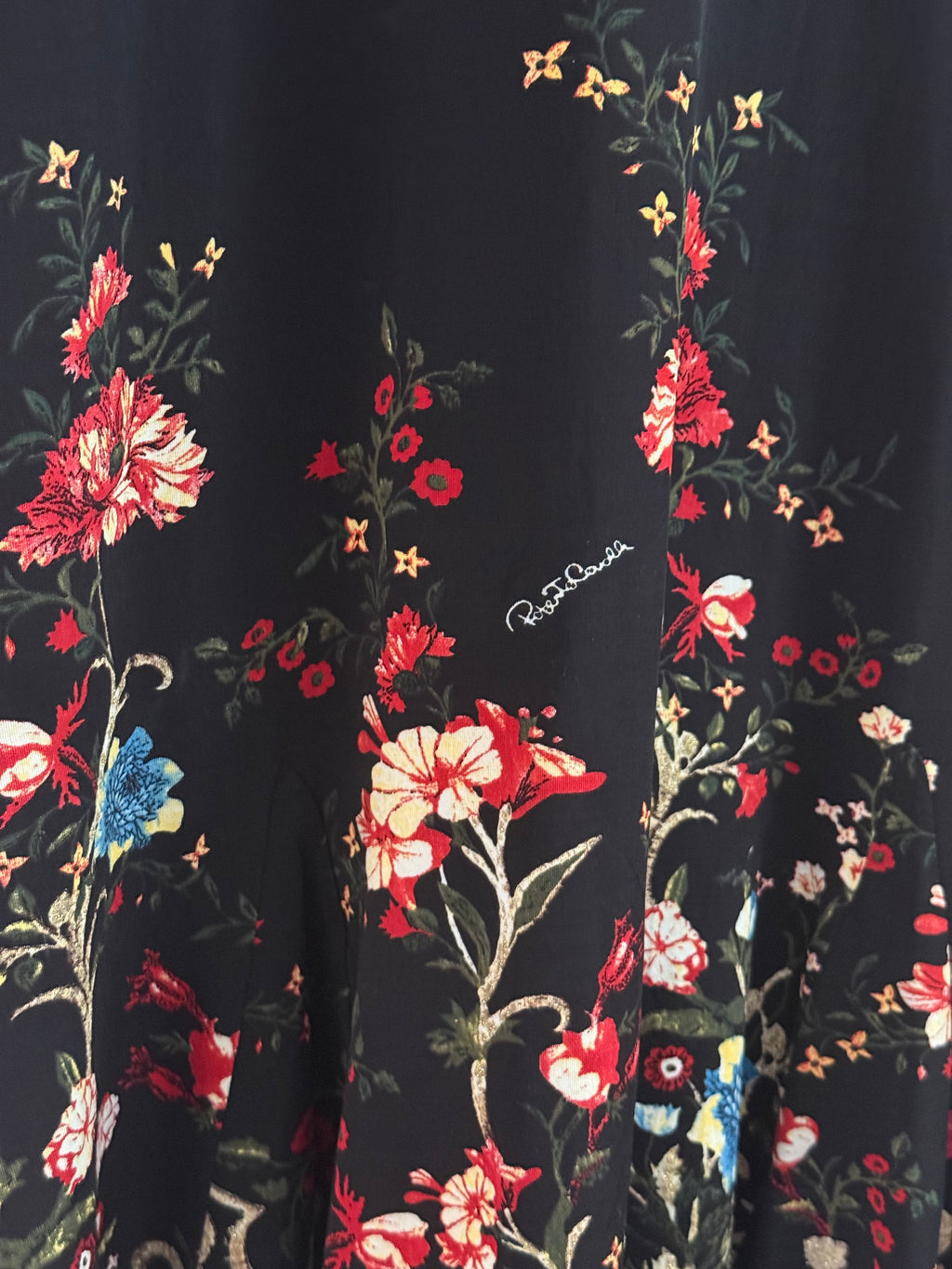 Roberto Cavalli Floral-Print Dress with Gold Brooch - M