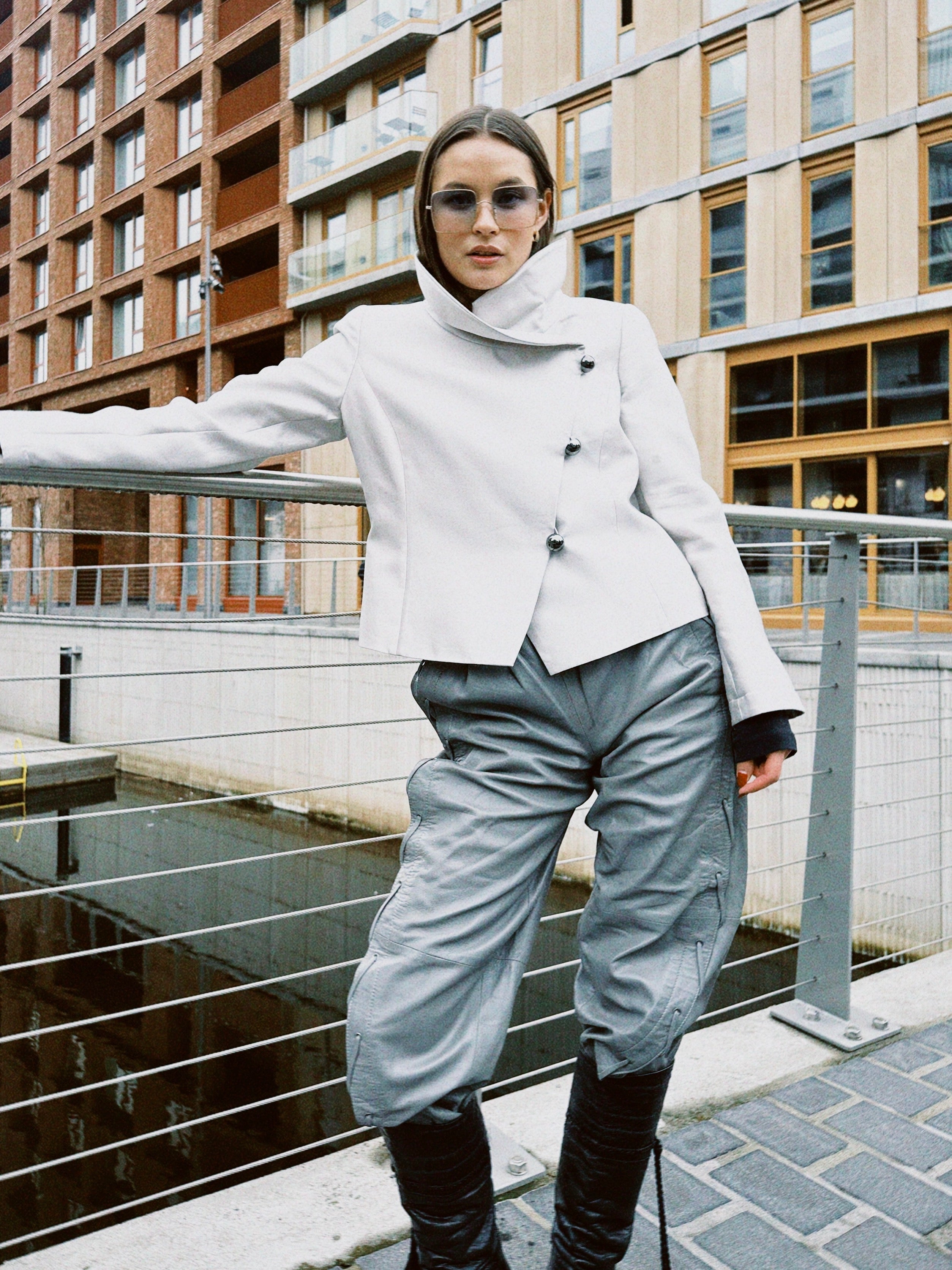 Emporio Armani Light Grey Silk Blazer and Skirt Set