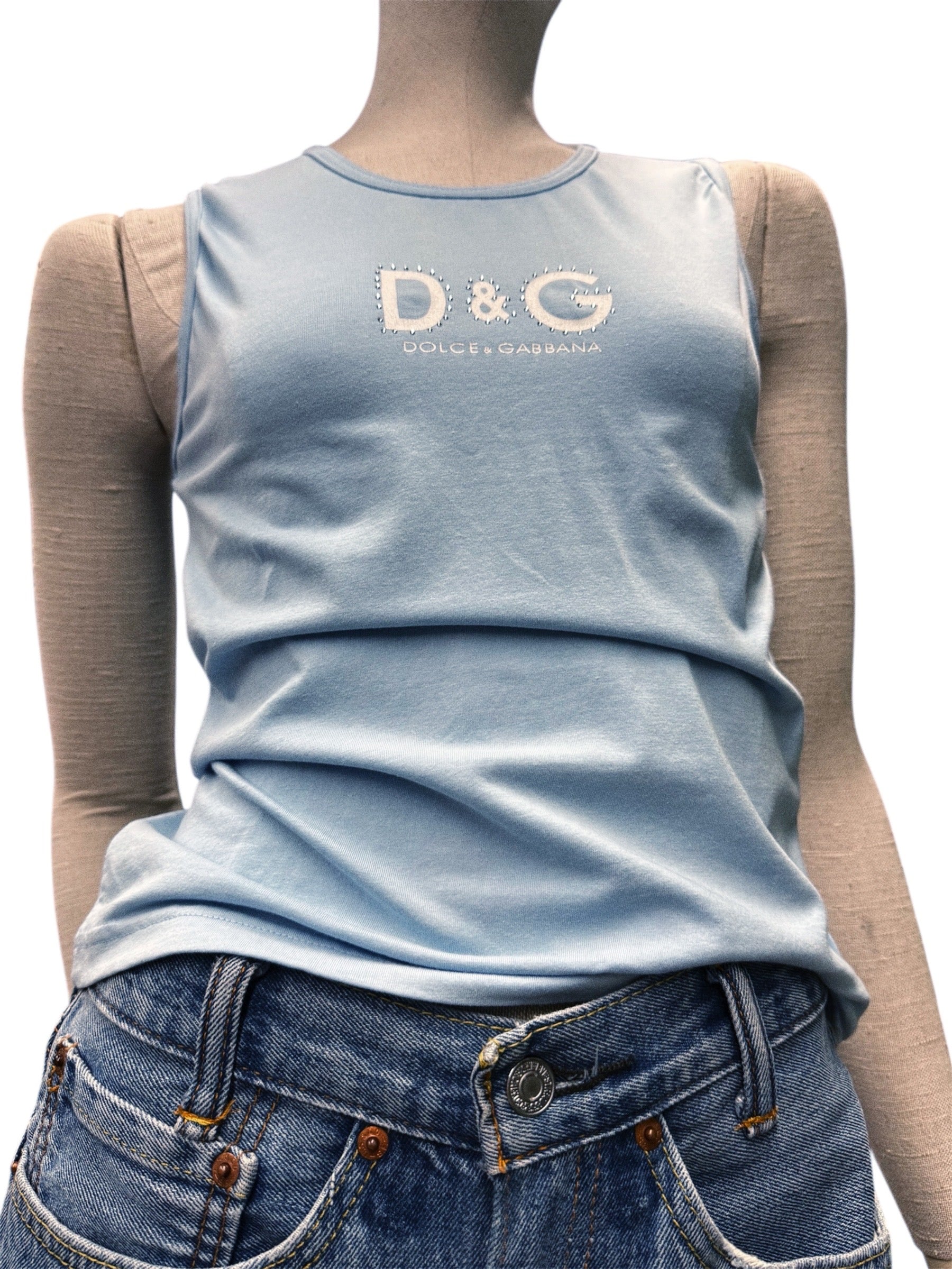 Dolce & Gabbana Light Blue Tank Top with Rhinestone Logo