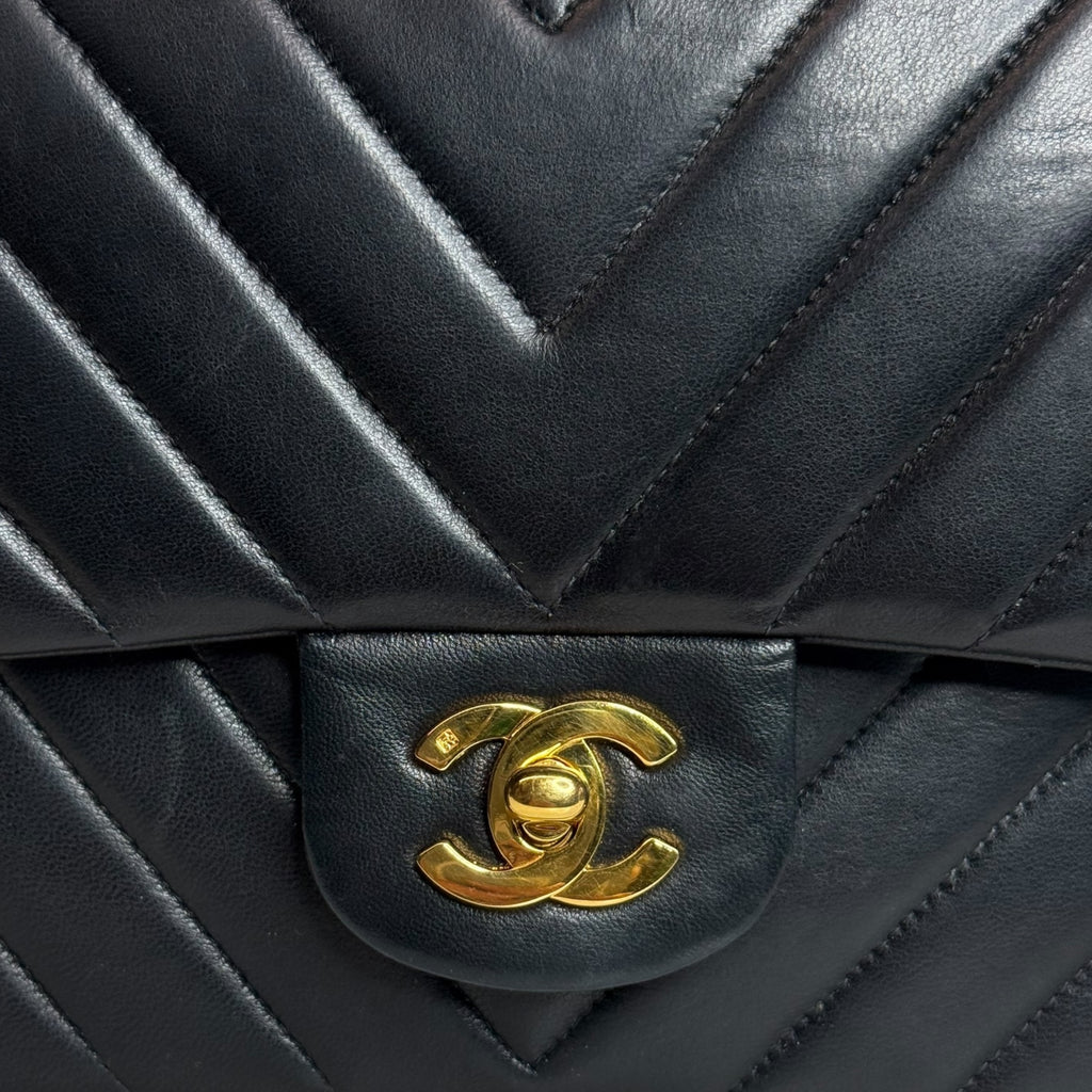 Chanel Vintage Double Flap Medium Chevron Bag — Black Lambskin, 24K