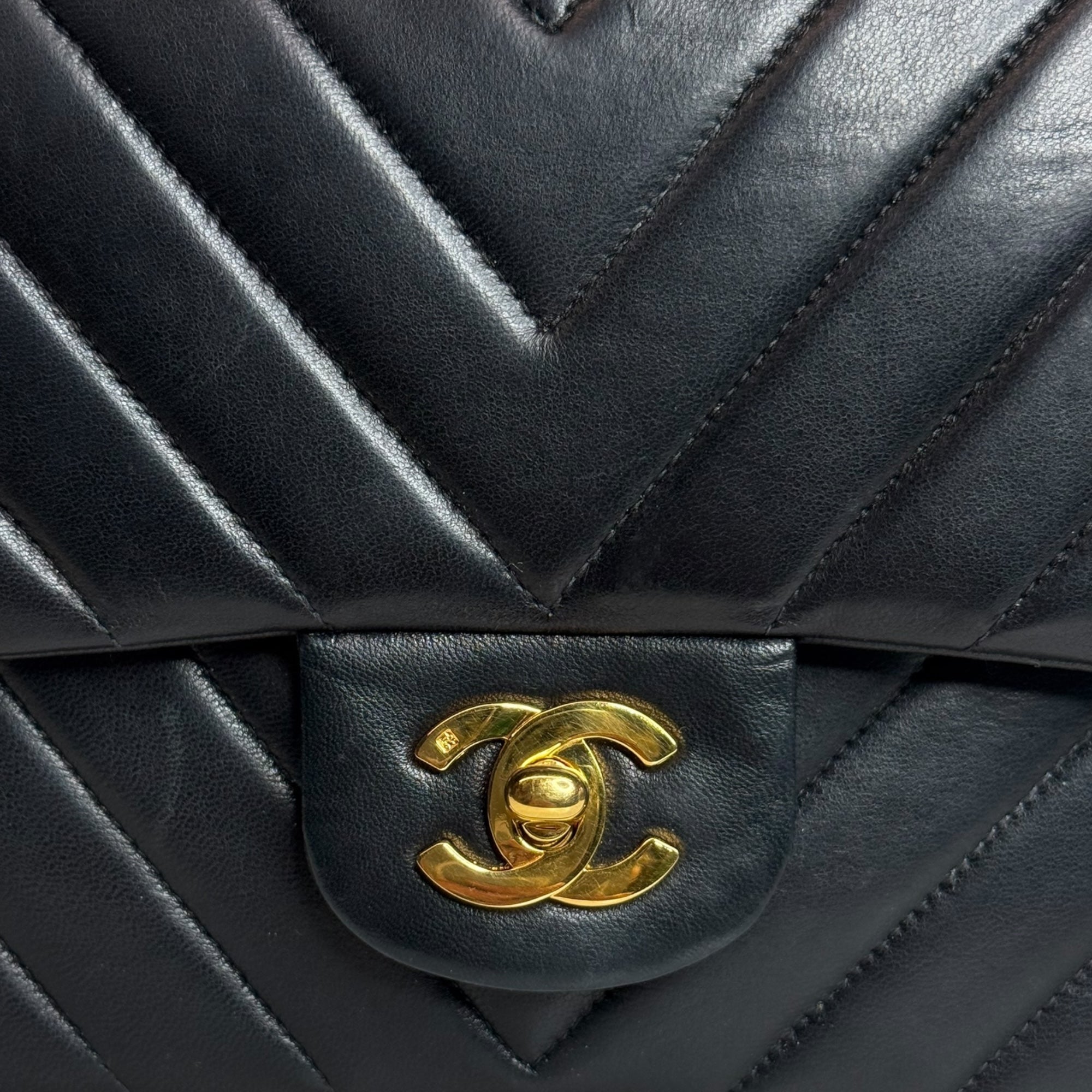 Chanel Vintage Double Flap Medium Chevron Bag — Black Lambskin, 24K