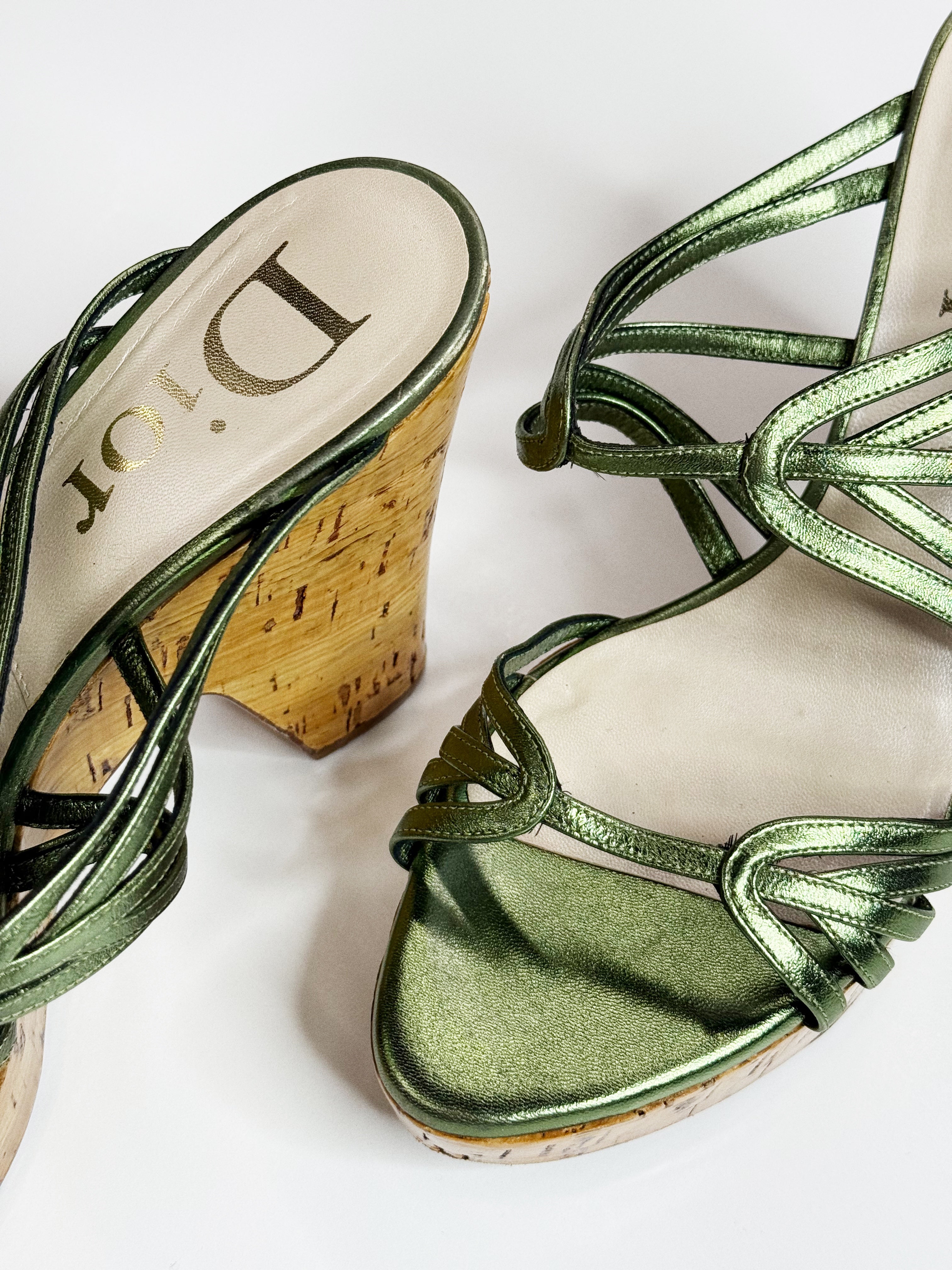 Christian Dior Metallic Green Cork Wedge Sandals