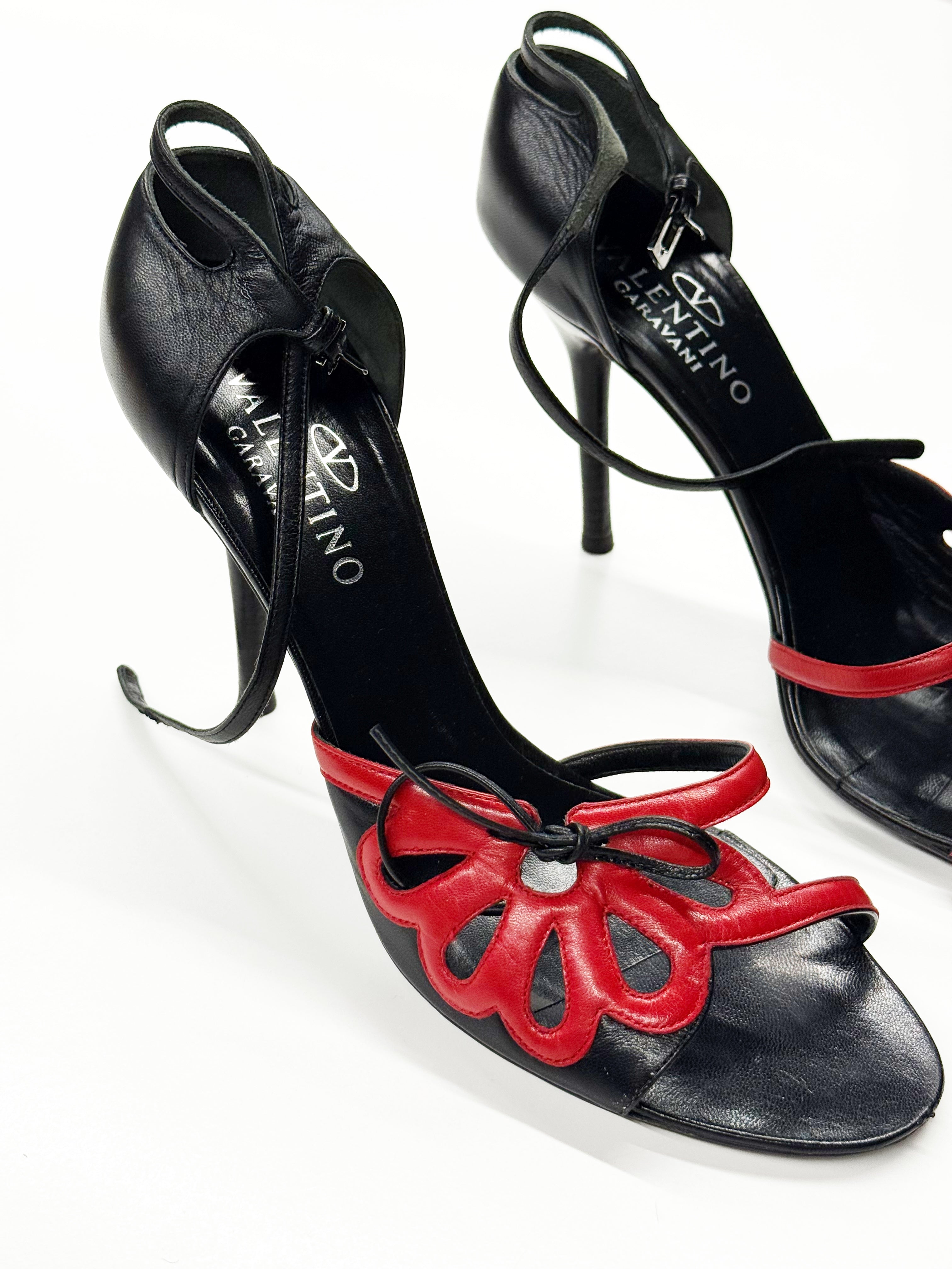 Valentino Garavani Red & Black Leather Heeled Sandals