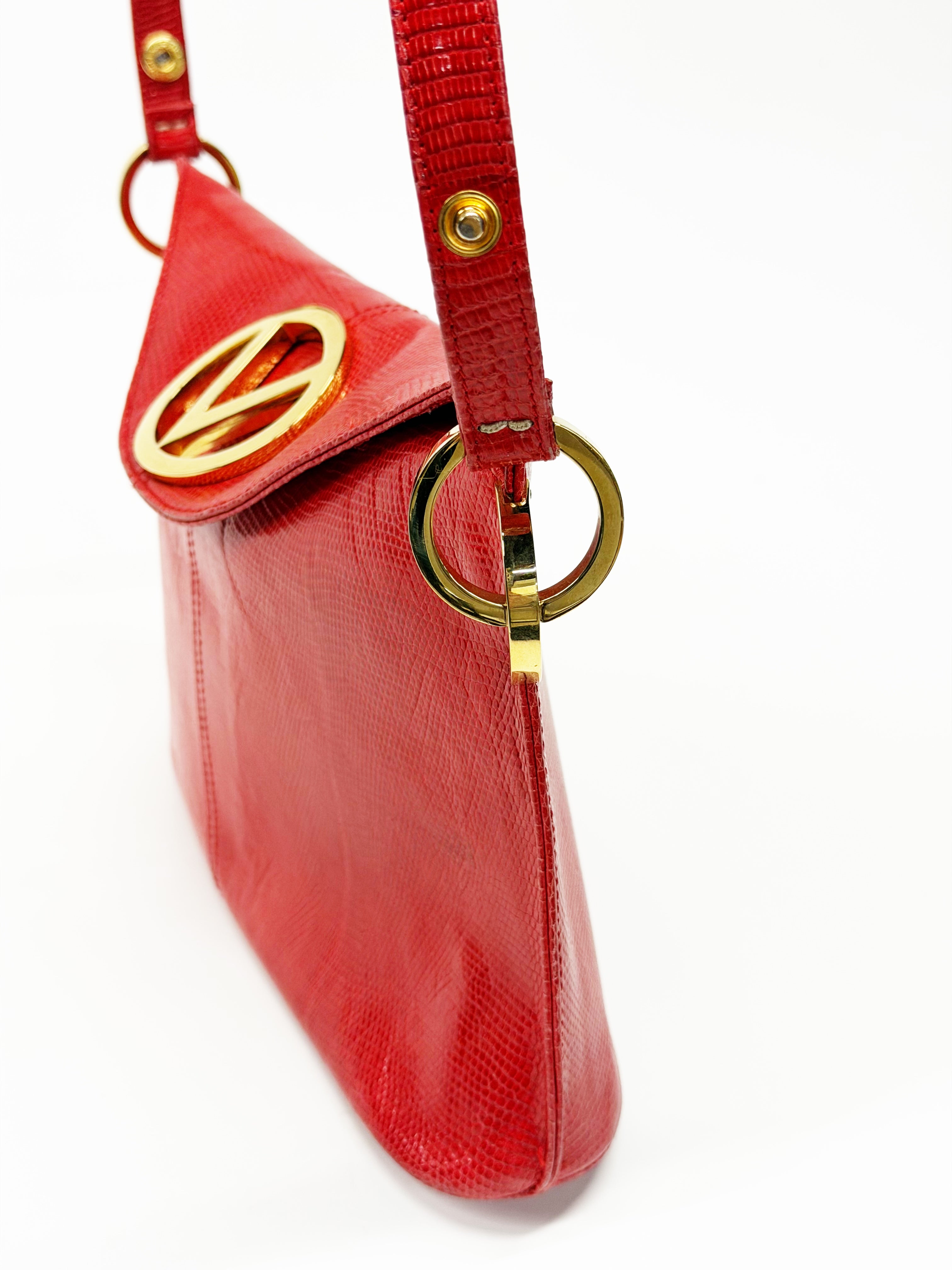 VALENTINO GARAVANI RED LIZARD EMBOSSED SHOULDER BAG GOLD V LOGO