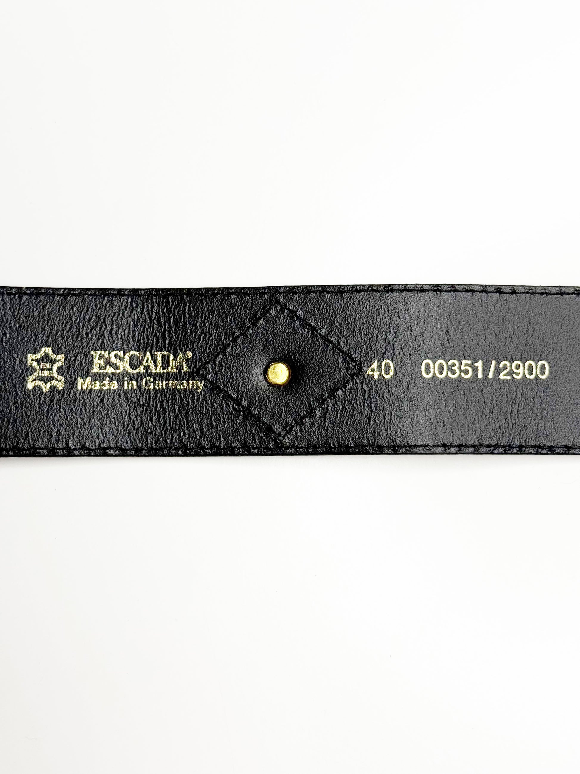 ESCADA Vintage Black Leather Belt with Gold Edelweiss Details