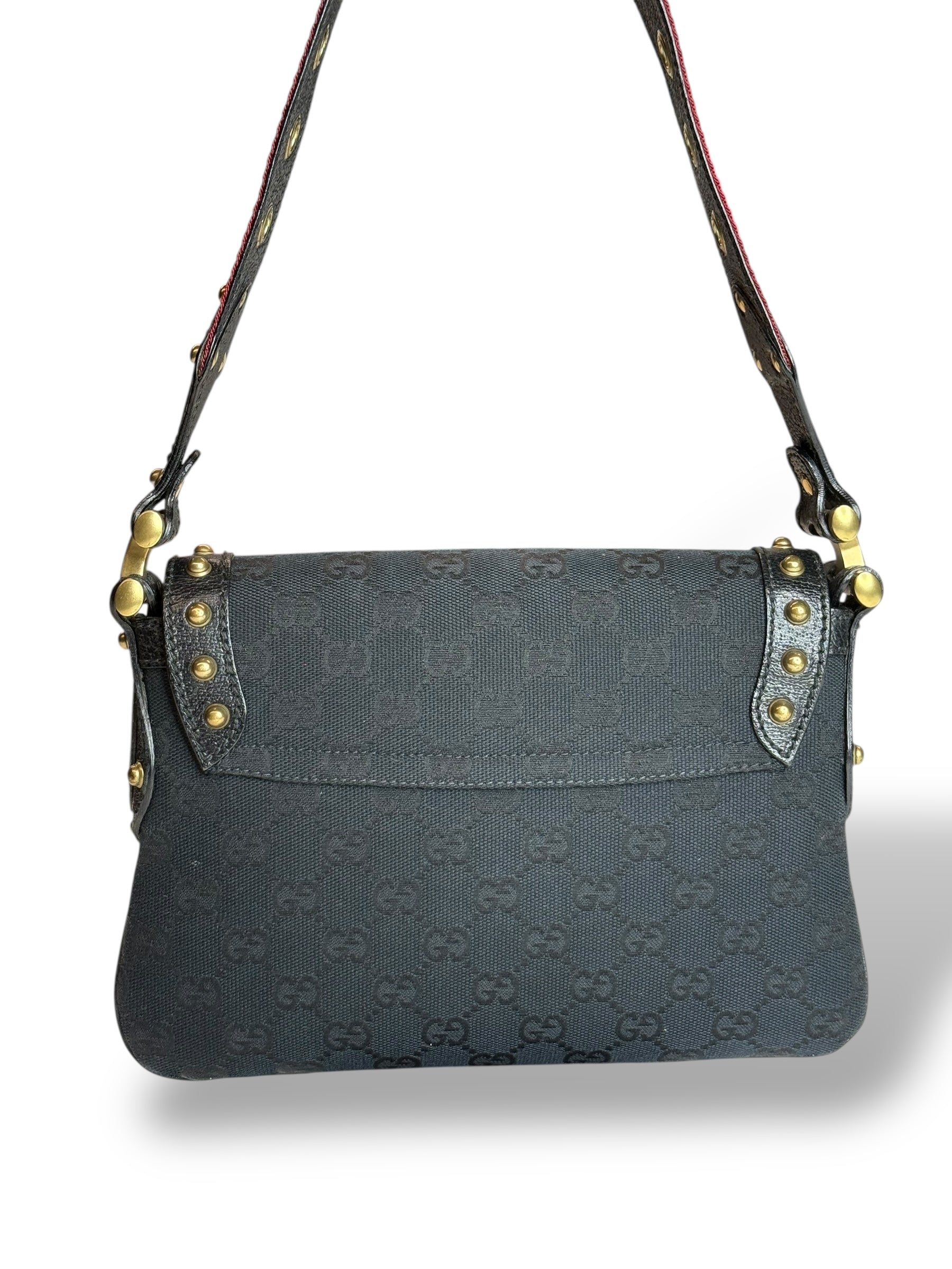 Gucci Studded Pelham Shoulder Bag in Black GG Canvas