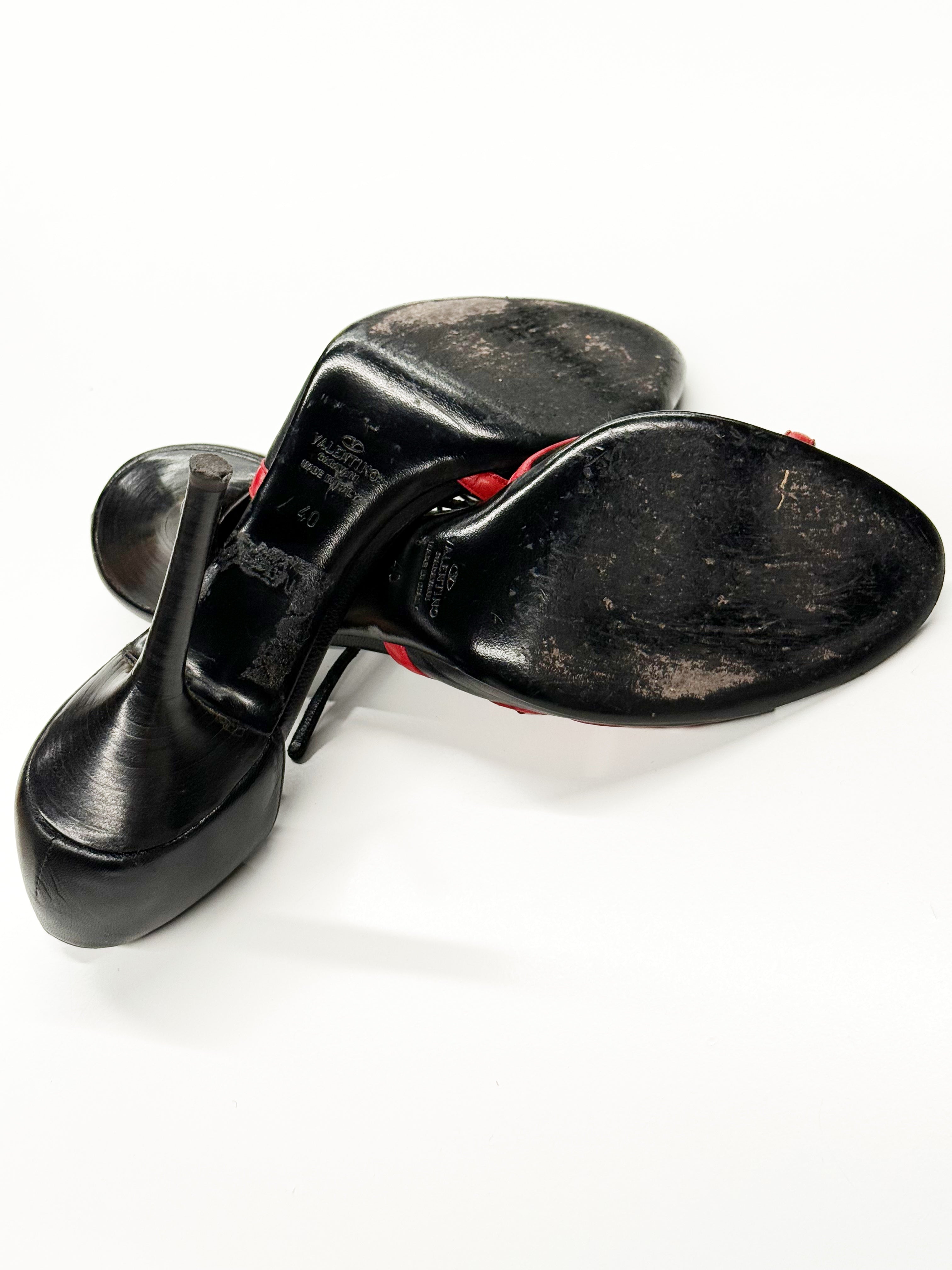 Valentino Garavani Red & Black Leather Heeled Sandals