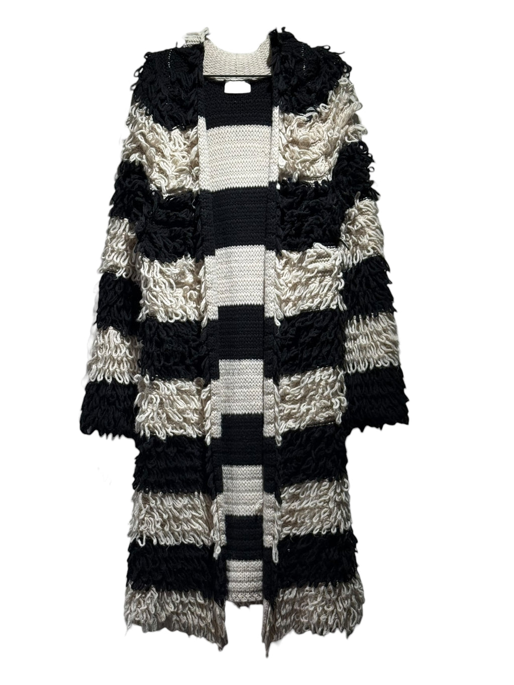 Vicolo Long Loop-Knit Striped Cardigan — Black & Ivory