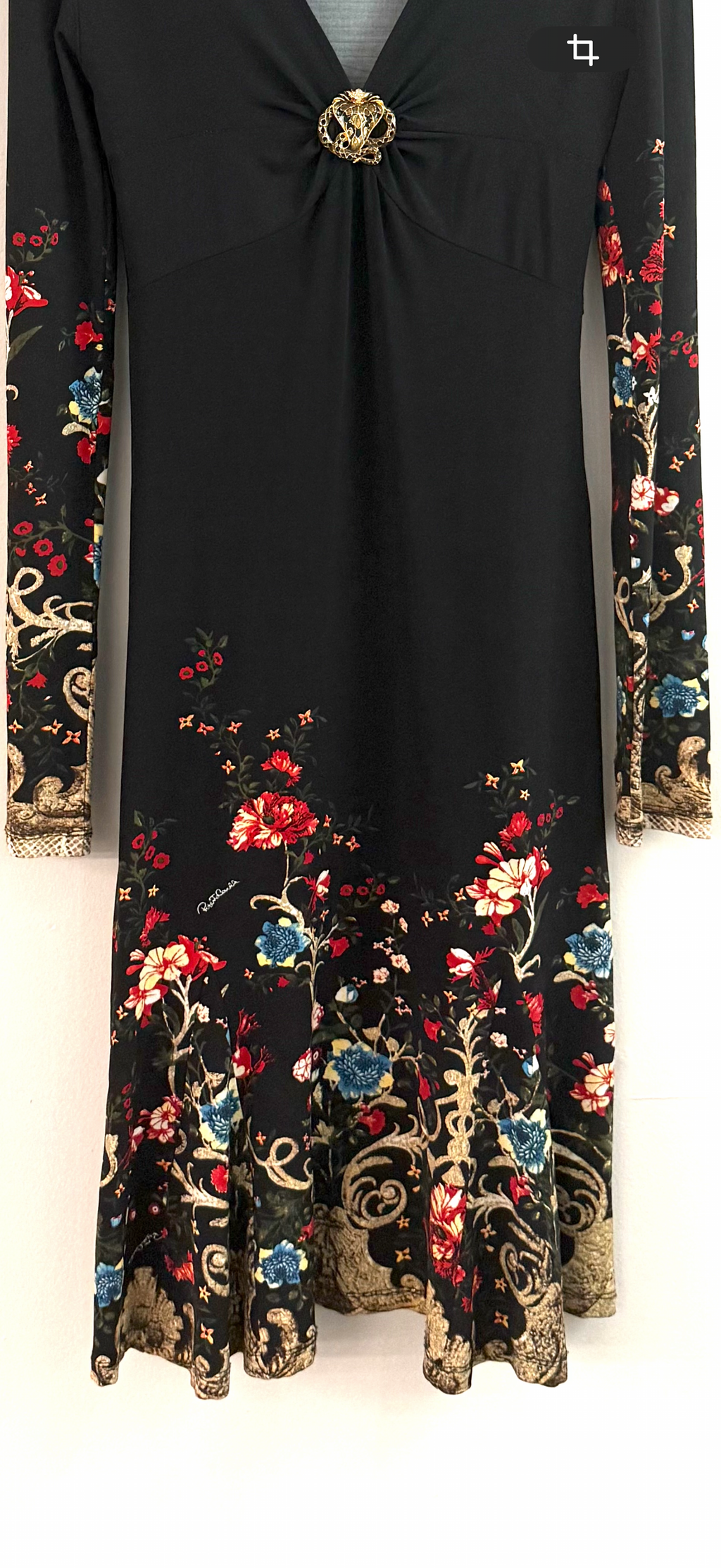 Roberto Cavalli Floral-Print Dress with Gold Brooch - M