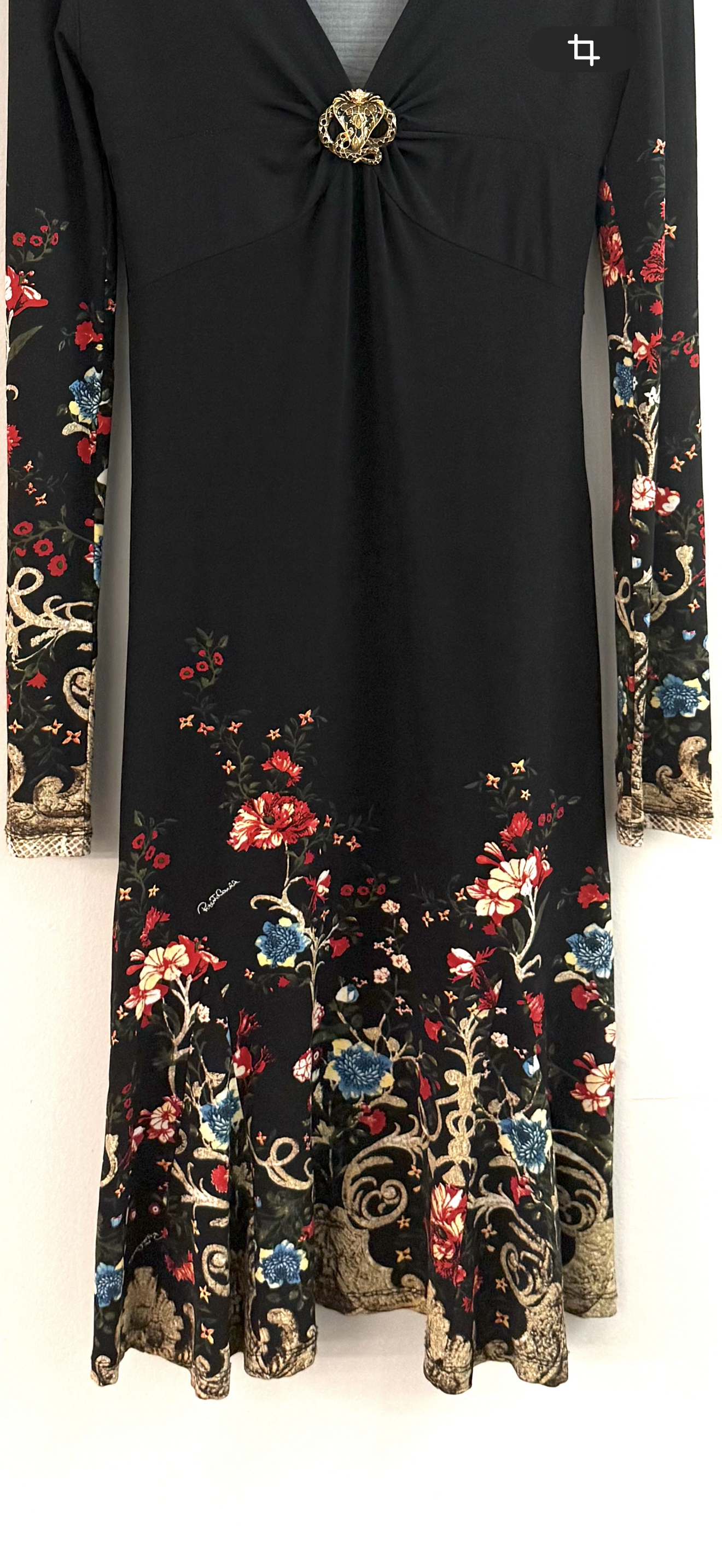 Roberto Cavalli Floral-Print Dress with Gold Brooch - M