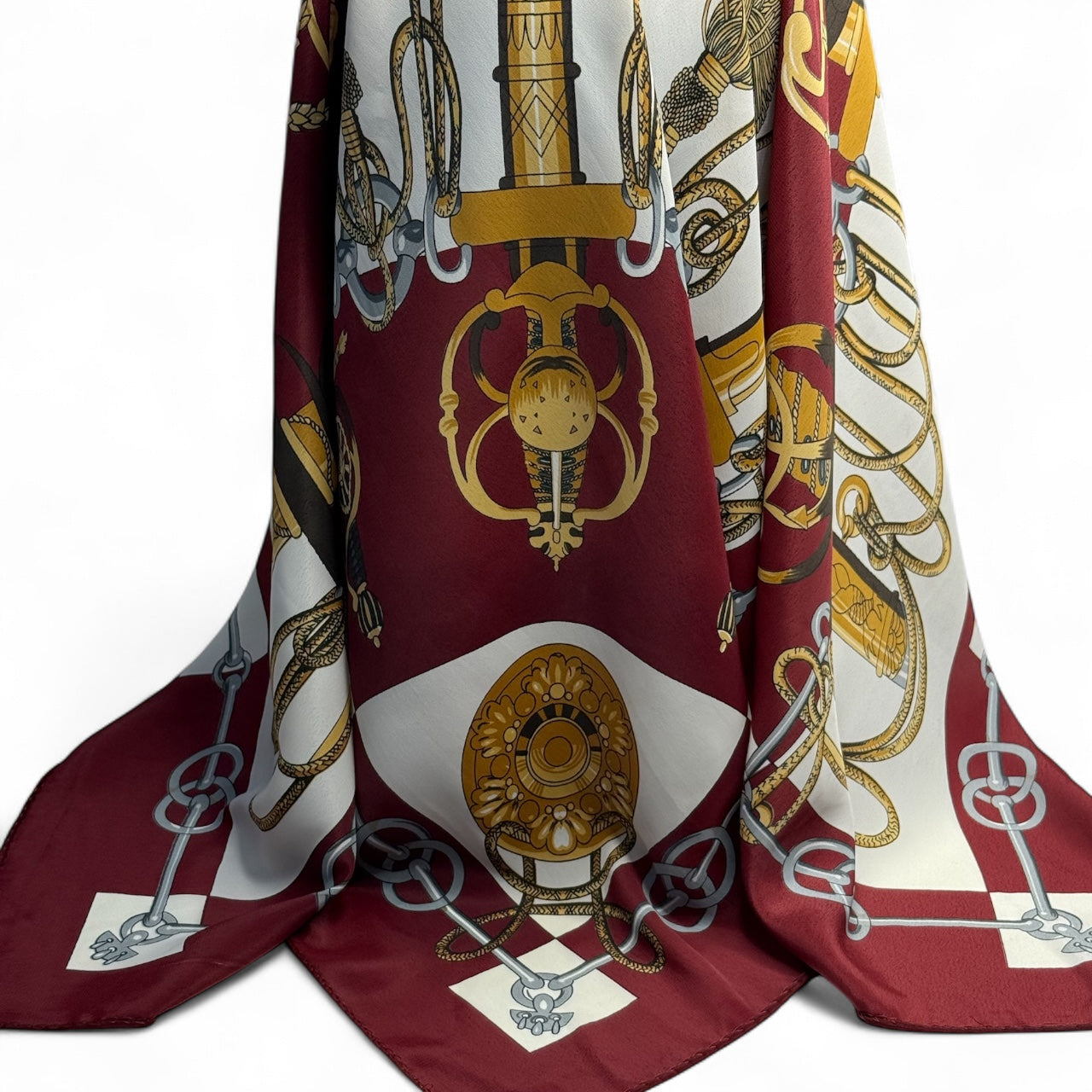 HERMÈS “CLIQUETIS” VINTAGE SILK SCARF – BORDEAUX
