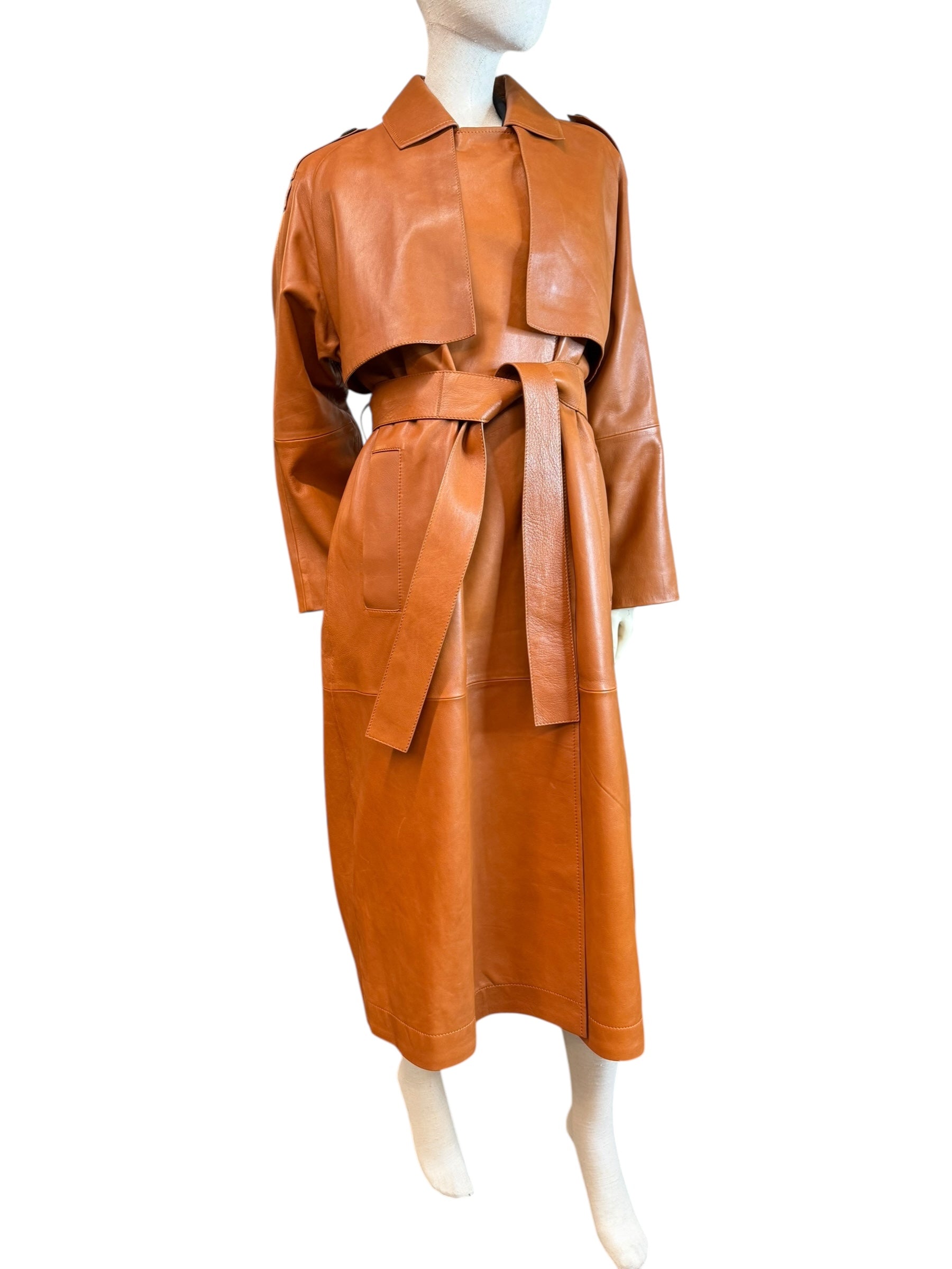 MASSIMO DUTTI LEATHER TRENCH COAT – CAMEL – SIZE L
